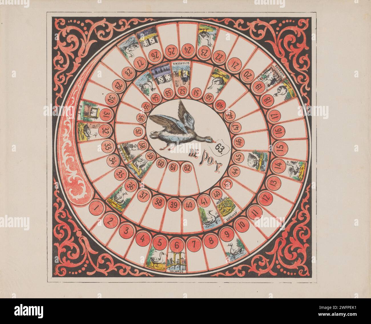 Tabellone Goose, stampa 1800 - 1899. Gioco da tavolo Gameboard Circular Goose con scomparti numerati da 1 a 63. In qualche scatola di oche. Nel grande compartimento centrale una grande rappresentazione di un'oca volante. Gioco dell'oca di carta dei Paesi Bassi. giochi da tavolo. giochi da tavolo d'azzardo Foto Stock