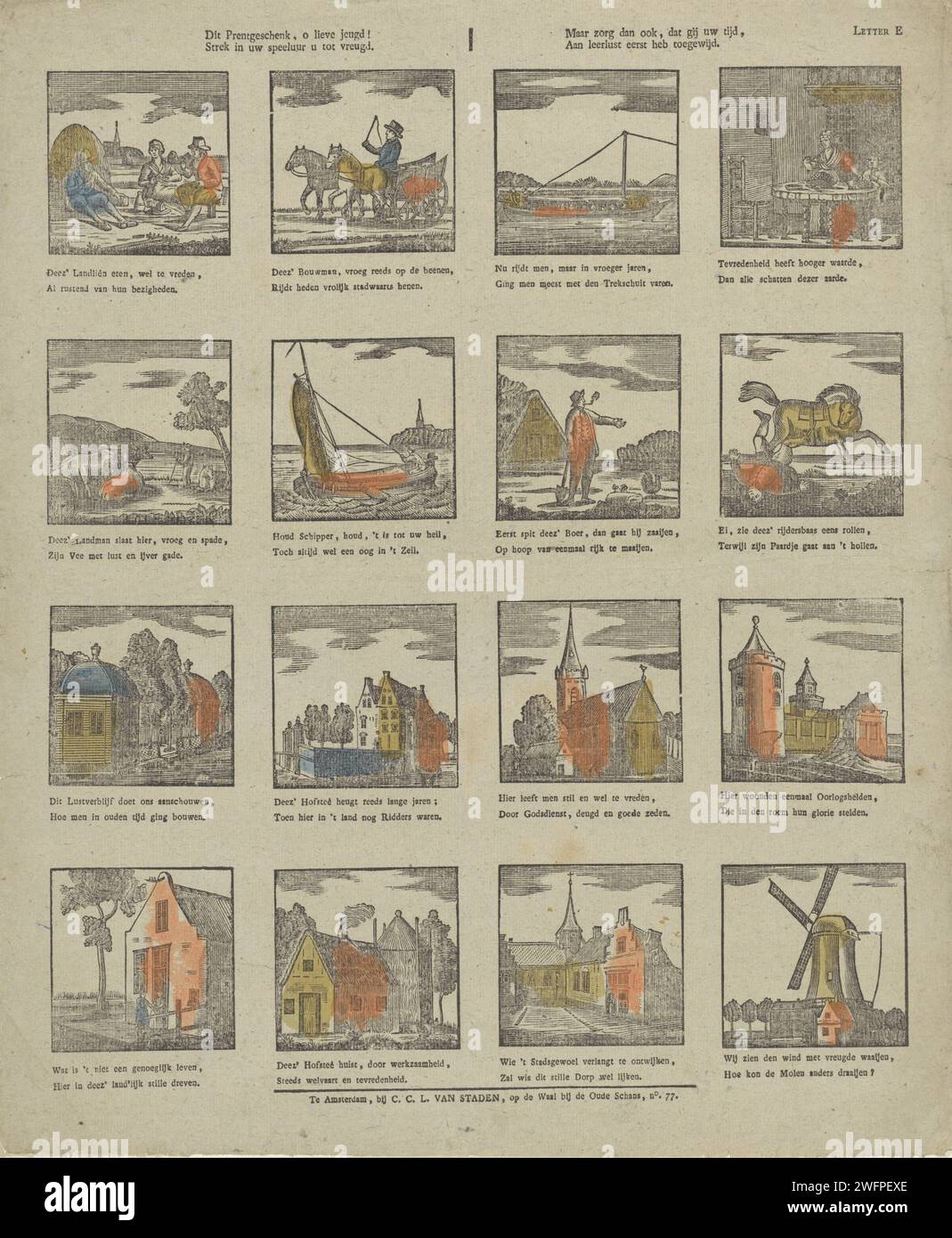 Questo regalo di stampa, o cara giovinezza! / Nella vostra ora di gioco sarete gioie. / Ma assicurati anche di aver dedicato il tuo tempo, / a Learning Lust, 1822 - 1870 fogli stampati con 16 spettacoli di diversi paesaggi con figure ed edifici. Sotto ogni performance un verso a due vie. In alto a destra, contrassegnato da: Letter E. stampatore: Netherlandspublisher: Amsterdam paper letterpress Printing Landscapes. chiesa (esterno). mulino a vento. facciata (di casa o edificio). barca a vela, barca a vela. cavaliere che lancia cavalli. contadini Foto Stock