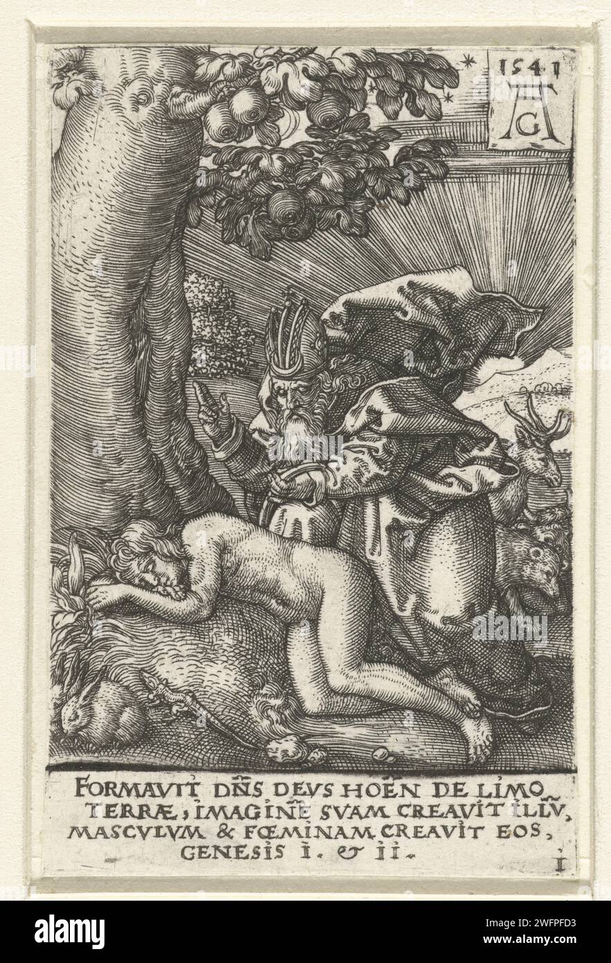 Creazione di Eva, Heinrich AldGrever, dopo Hans Holbein (II), 1541 stampa Adam dormendo in paradiso vicino ad un albero, Dio padre si piega su di lui e prende una costola dal suo fianco, da cui creerà Eva. Sotto la prestazione un testo a quattro righe in latino. Prima stampa di una serie di otto su peccato e morte. La carta tedesca che incide Dio rimuove una costola dal lato dell'Adamo addormentato Foto Stock