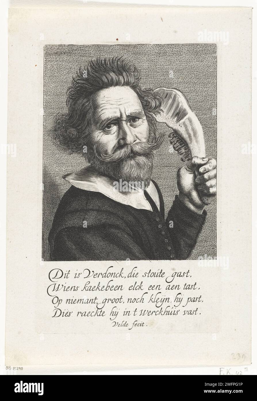 Ritratto di Verdonck, con mascella d'asino, Jan van de Velde (II), dopo Frans Hals, 1603 - 1641 stampa Ritratto di un reggiseno selvatico sconosciuto con il nome Verdonck, con mascella d'asino nella mano sinistra. Con quattro righe di didascalia olandese, a cui si dice che sia finito in officina. Incisione su carta dei Paesi Bassi settentrionali con mascella di un asino Samson uccide mille Filistei (+ variante) Foto Stock