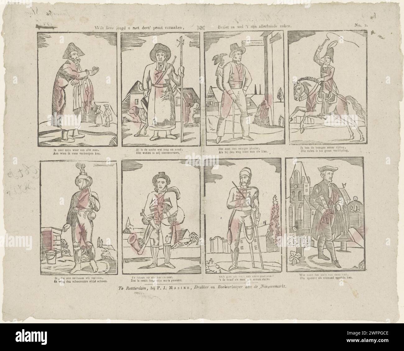 I giovani lieve vogliono divertirti con la stampa di Deez, / vederli tutti i suoi tipi di cose, P.J. Masier, 1827 - 1860 stampa Leaf con 8 spettacoli di professioni e figure, tra cui un commerciante, un viaggiatore e un avvocato. Sotto ogni immagine un verso bidirezionale. Numerato in alto a destra: N. 2. Editore: Rotterdam-print Maker: Commerciante, venditore di tipografia su carta olandese. avvocato, avvocato. viaggi; turismo. commerciante di strada Foto Stock