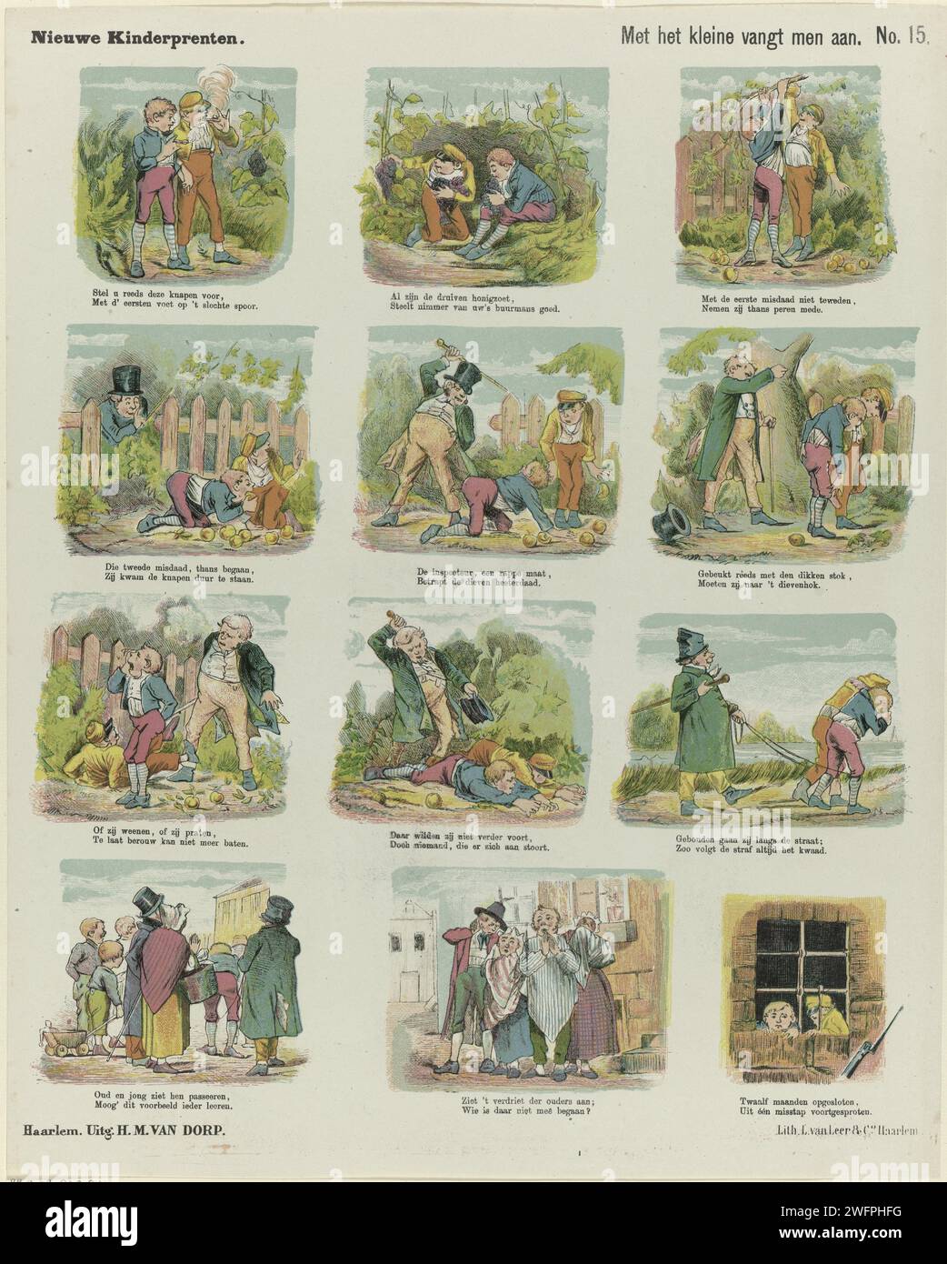 Con il piccolo inizio, 1872 - 1883 stampa Leaf con 12 esibizioni sui ladri che vengono puniti. Sotto ogni immagine un verso bidirezionale. Numerato in alto a destra: N. 15. Furto di carta da lettera Haarlem. correzione di bambini cattivi. imprigionamento Foto Stock