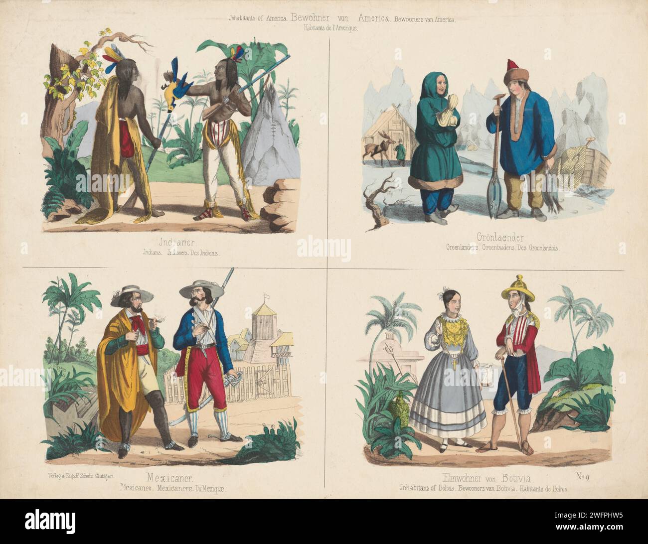 Abitanti dell'America. / Residenti in America. / Bewooners van America. / Habitants de l'Arenique, Friedrich Gustav Schulz, 1820 - 1865 Foglia stampata con quattro esibizioni di coppie di vari popoli americani, tra cui originali nordamericani, groenlanders, messicani e boliviani. Sotto ogni immagine una didascalia in quattro lingue. Numerato sotto: N. 9. Editore: Stuttgartprint Maker: Europe paper Native People of North America. Popoli nativi del Sud America. Popolazioni indigene delle regioni artiche americane. Popolazioni indigene delle regioni artiche: Inuit Groenlandia. Nord America. Messico. Foto Stock