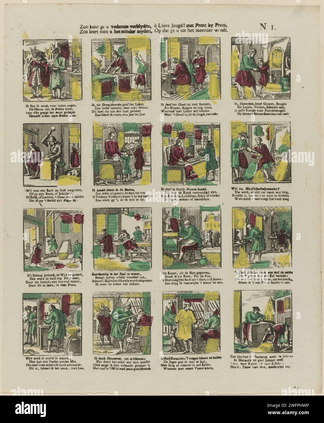 Così puoi rimanere di nuovo, / così ti insegni meno myden, / ô cara giovinezza! Con stampa su stampa, / On That You wendt You, 1856 - 1900 fogli stampati con 16 esibizioni di artigiani e professioni, come l'argentiere, il venditore di immagini e il cuscinetto in rame. Un verso sotto ogni immagine. Numerato in alto a destra: N 1. Tipografia: Amsterdamprint Maker: Amsterdampublisher: Turnhout carta tipografia artigianato e industrie. produzione artigianale, lavoro artigianale qualificato. smith, fabbro. commerciante, venditore. commerciante di strada Foto Stock