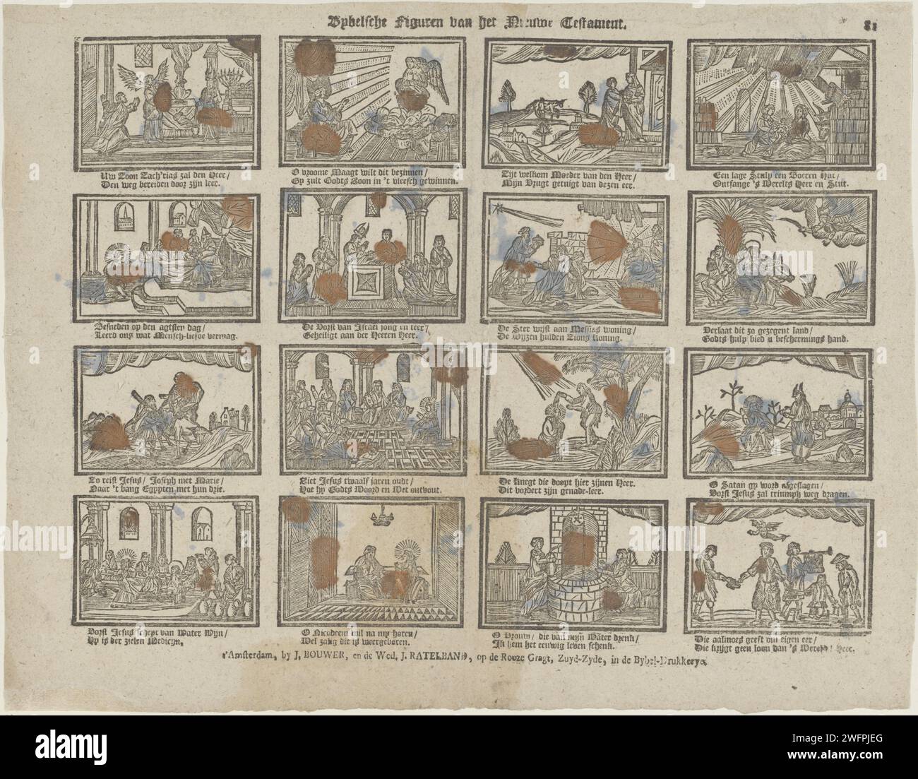 Bybelsche Figures of the New Testament, 1794 - 1804 stampa Leaf con 16 esecuzioni di storie del nuovo Testamento. Sotto ogni immagine un verso bidirezionale. Numerato in alto a destra: 81. Editore: Amsterdamprint Maker: Stampa tipografica su carta olandese New Testament Foto Stock