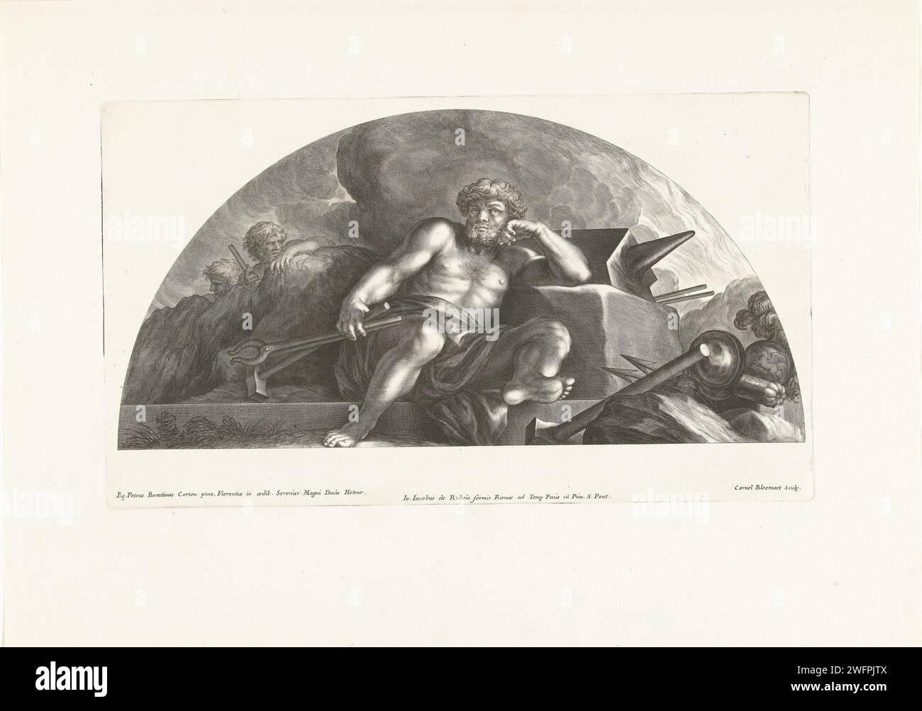 Vulcano, 1637 - 1692 stampa Vulcano, dio del fuoco e fabbro sotto gli dei, si trova su una pietra di fronte al cratere di un vulcano. Ha in mano un martello e una pinza di fuoco. Stampa da una serie di quattro stampe ad affreschi di Pietro da Cortona. Incisione su carta di Roma (storia di) Vulcano (Efesto) Foto Stock