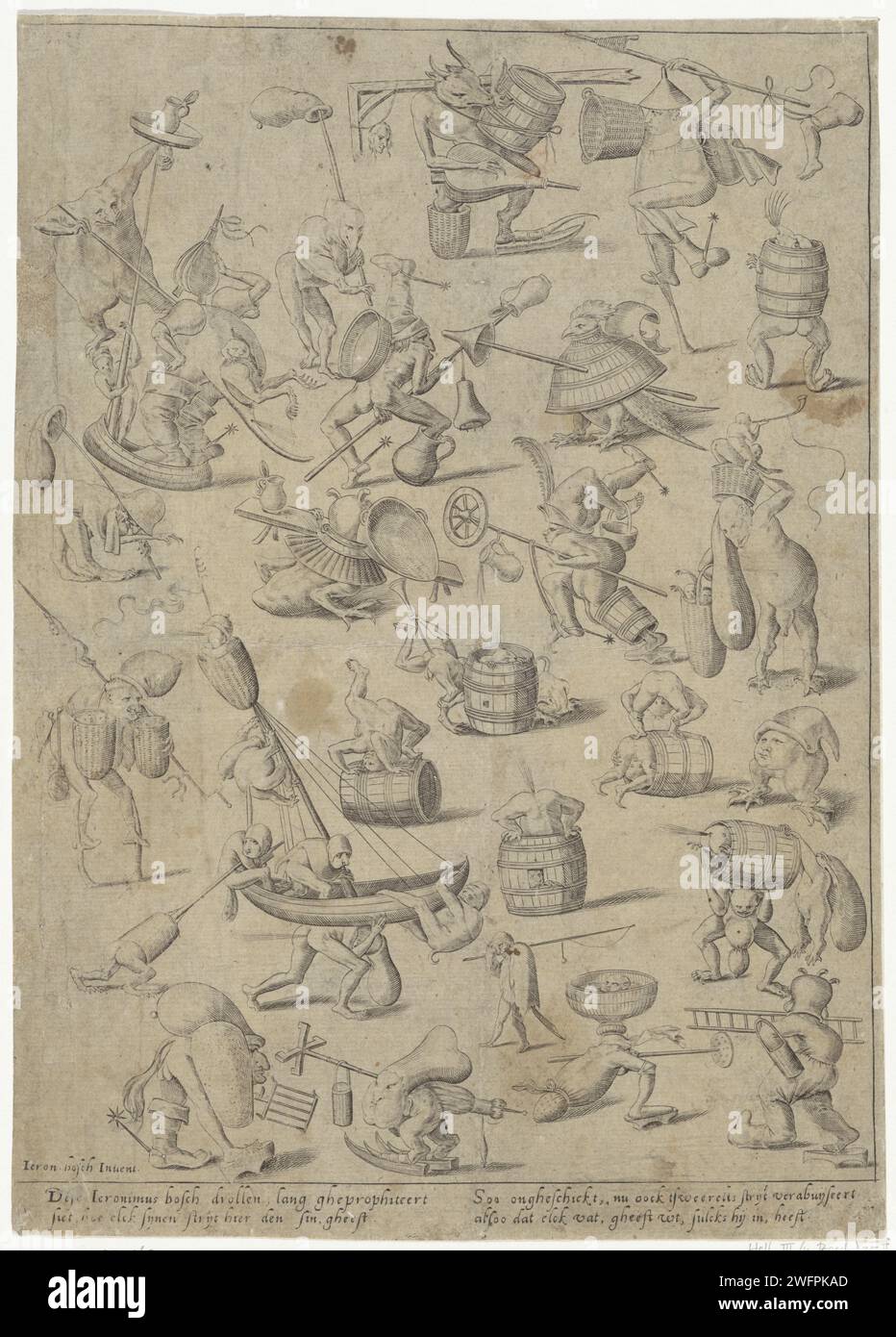 Varie figure fantasy, Anonymous, dopo Jheronimus Bosch, 1570 - 1620 stampano diverse figure fantasy con caratteristiche per lo più esterne di una persona. Alcuni esseri hanno anche caratteristiche animali. Tutte le figure sono raffigurate con uno o più oggetti, come una tonnellata, una canna e una barca. Sotto la performance nel margine un testo a quattro righe in olandese. Stampatore: Low Countriesafter design by: Den Bosch cartaceo mostri di forma mista umana e animale; 'mostri' (Ripa). esseri umani (leggendari o meno) di proporzioni, dimensioni, forza anormali, ecc. esseri antropomorfi (leggendari o no) con arguzia Foto Stock Varie figure fantasy, Anonymous, dopo Jheronimus Bosch, 1570 - 1620 stampano diverse figure fantasy con caratteristiche per lo più esterne di una persona. Alcuni esseri hanno anche caratteristiche animali. Tutte le figure sono raffigurate con uno o più oggetti, come una tonnellata, una canna e una barca. Sotto la performance nel margine un testo a quattro righe in olandese. Stampatore: Low Countriesafter design by: Den Bosch cartaceo mostri di forma mista umana e animale; 'mostri' (Ripa). esseri umani (leggendari o meno) di proporzioni, dimensioni, forza anormali, ecc. esseri antropomorfi (leggendari o no) con arguzia Foto Stock