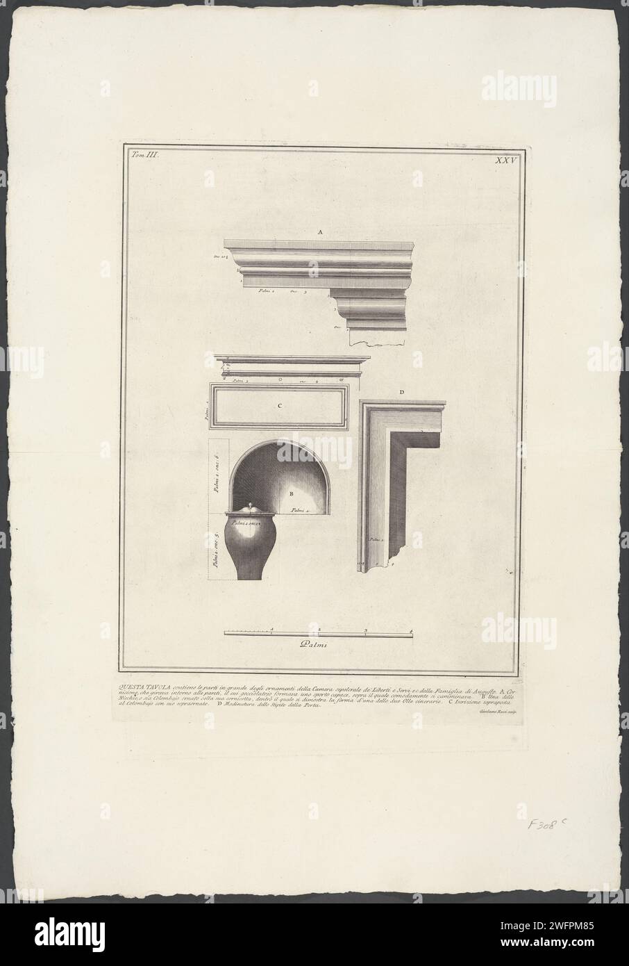 Dettagli della tomba del popolo liberato e degli schiavi di Augusto, Girolamo Rossi (II), c. 1756 - c. 1757 stampa Dettagli della tomba del popolo liberto (liberti) e dell'etica degli schiavi della famiglia Keizer Augusto, come cornici decorative e un'urna. Titolo ed elenco delle lettere esplicative in STUDMARGE. Numerato sopra: Tom. III. / XXV. Urna per incisione su carta italiana. ornamenti  arte. schiavitù; servi e schiavi. Libertà  schiavitù Italia Foto Stock