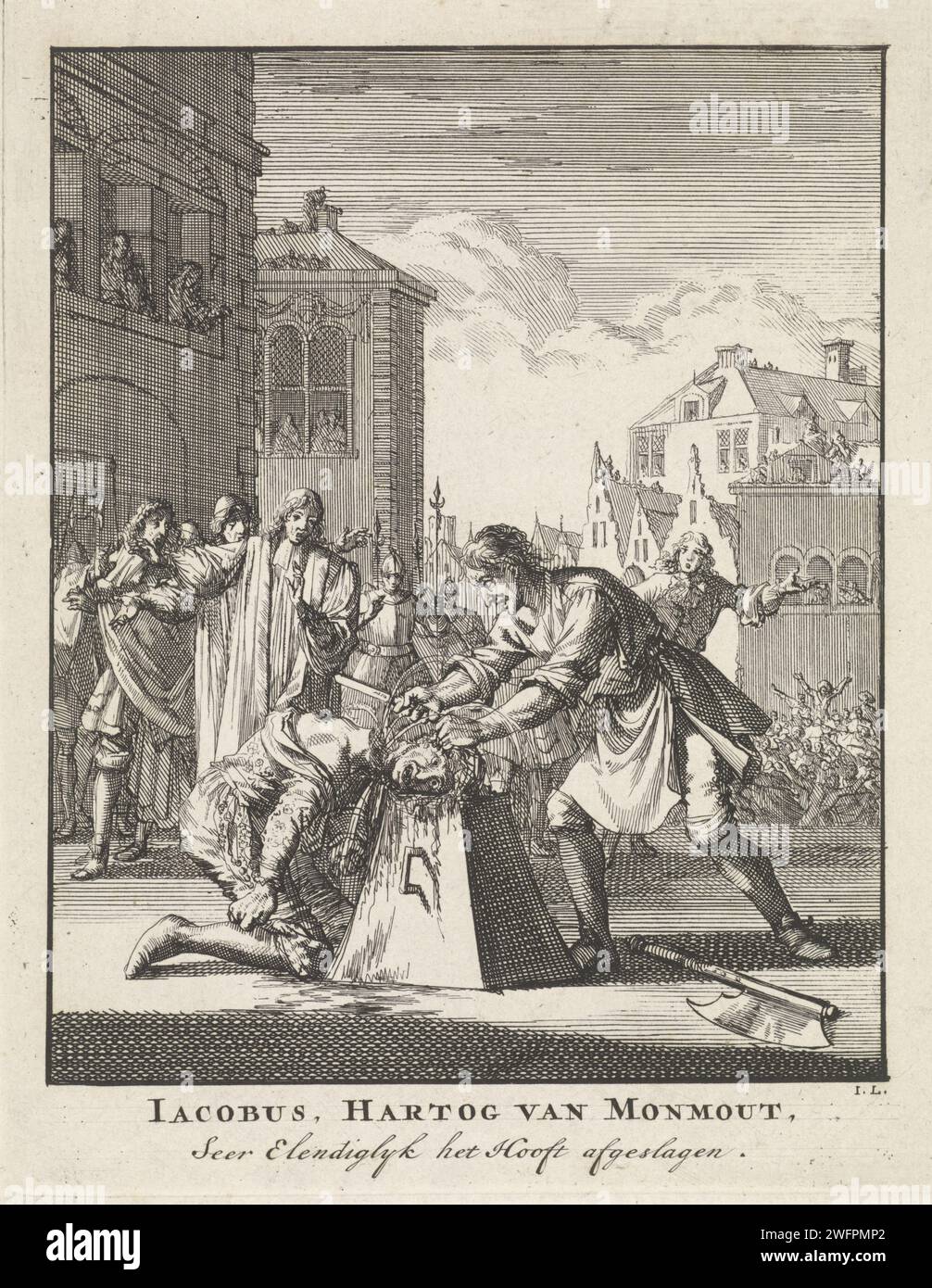 Decapitazione di James Scott Hertog da Monmouth a Londra, 1685, Jan Luyken, 1698 stampa Amsterdam paper etching Violent Death by deheading London Foto Stock