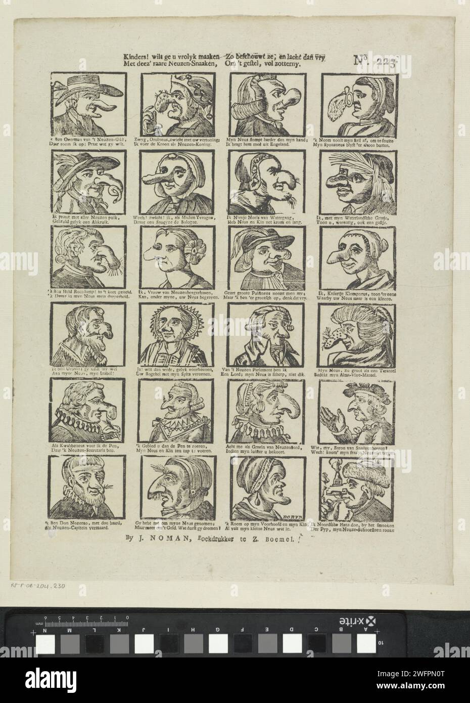 Bambini! Se vuoi essere vrolyk maaken / con deez 'strano naso -serpente, / così saluta, e poi ride vry / om il Gestel, pieno di Zotterny, 1806 - 1830 stampa Foglia con 24 rappresentazioni comiche di figure con il naso grande e deformato. Sotto ogni immagine un verso bidirezionale. Numerato in alto a destra: N. 223. Stampatore: Olanda stampatore: Olanda Editore: Zaltbommel carta letterpress caricature (tipi umani). parti del viso: naso Foto Stock