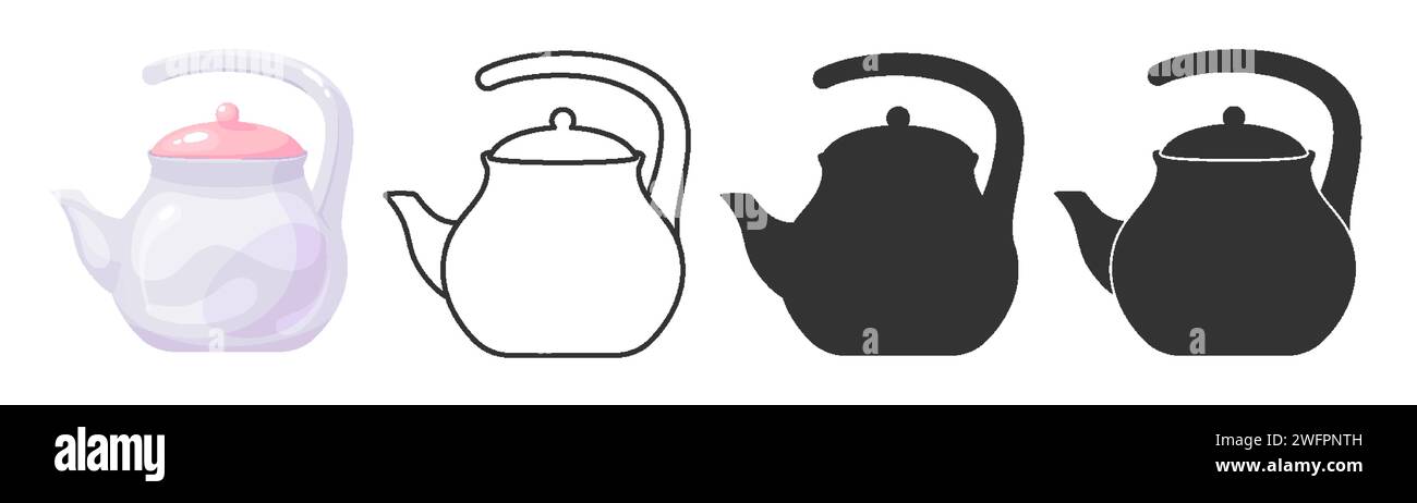Bollitore per teiera, fornello samovar, linea nera, timbro silhouette, set piatto. Forma di stampa a tratto modificabile grazioso utensile da cucina utensili per la casa bicchieri in ceramica, cerimonia del tè, stufa elettrica a gas isolato Illustrazione Vettoriale