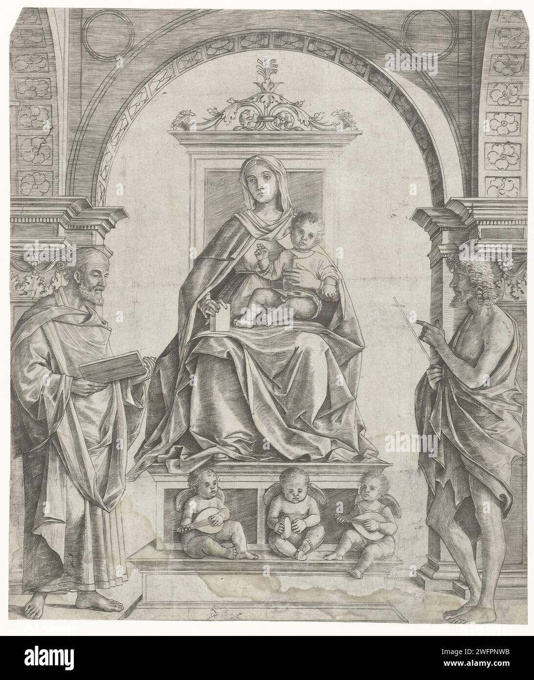Maria con bambino seduto su un trono tra Pietro e Giovanni Battista con angeli musicisti e tre santi femminili sullo sfondo, Girolamo Mocetto, 1480 - 1531 stampa Maria con bambino seduto su un trono tra Pietro o maschio Santo e Giovanni Battista. Tre angeli musicisti sono sul gradino del trono. Tre santi femminili stanno dietro il trono. Incisione su carta Italia "Sacra Conversazione". angeli che cantano, fanno musica Foto Stock