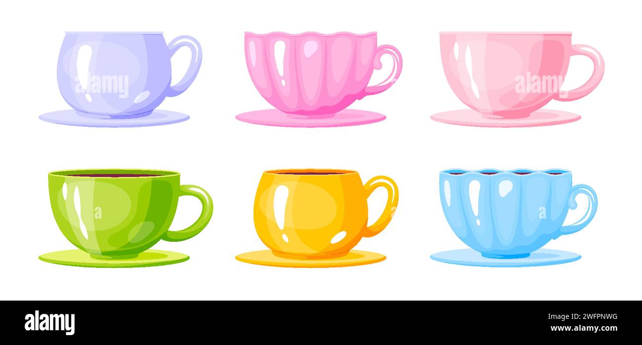 Tazza di tè e caffè in porcellana colorata tazza in vetro su piattino. Forma diversa, graziosa bicchieri di conchiglia di mare, tè, festa, colazione, icona del contenitore di raccolta della cucina isolata su bianco Illustrazione Vettoriale