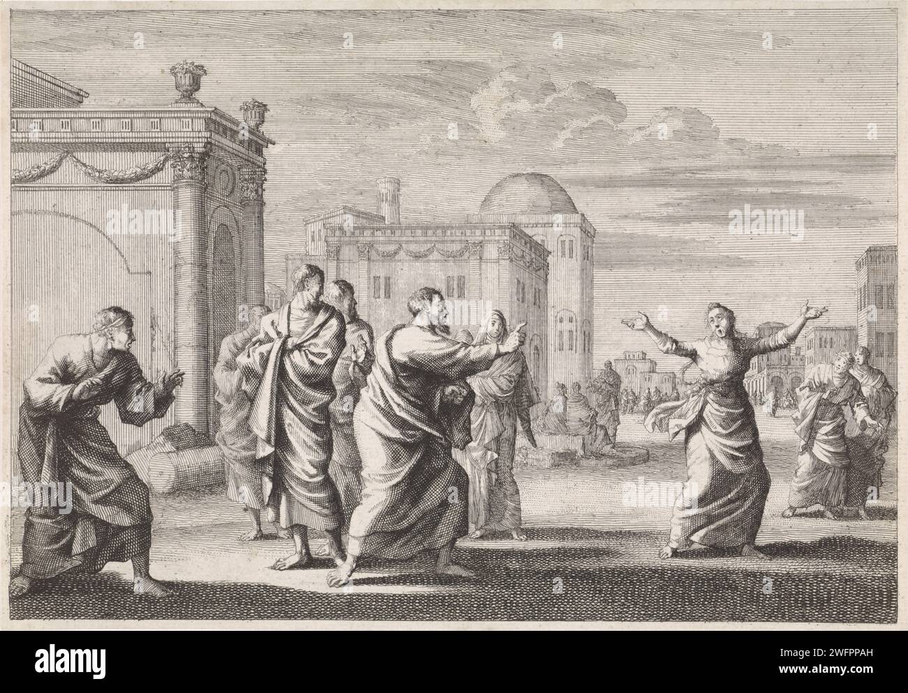 Paulus guarisce una donna posseduta, Jan Luyken, 1700 stampa Una donna posseduta che insegue Paul e Silas viene avvicinata da Paul. Nel nome di Cristo, egli ordina allo Spirito di lasciare il corpo della donna in lei. Carta di Amsterdam che incide la guarigione della serva donna con uno spirito divinante  Paolo e Silas a Philippi Foto Stock