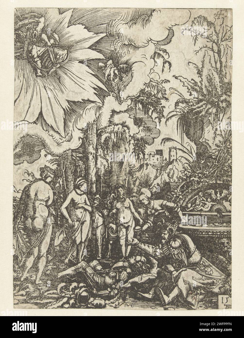 Il sogno di Parigi, Albrecht Altdorfer, stampa del 1511 Parigi vestita da cavaliere in armatura, dormendo per terra in una fontana. Con lui c'è mercurio che lo fa appello nel suo sogno. Le Dee Giunone, Minerva e Venere sono intorno a loro. Una donna alla fontana ha la palla d'oro. La Germania scrive il sogno di Parigi Foto Stock