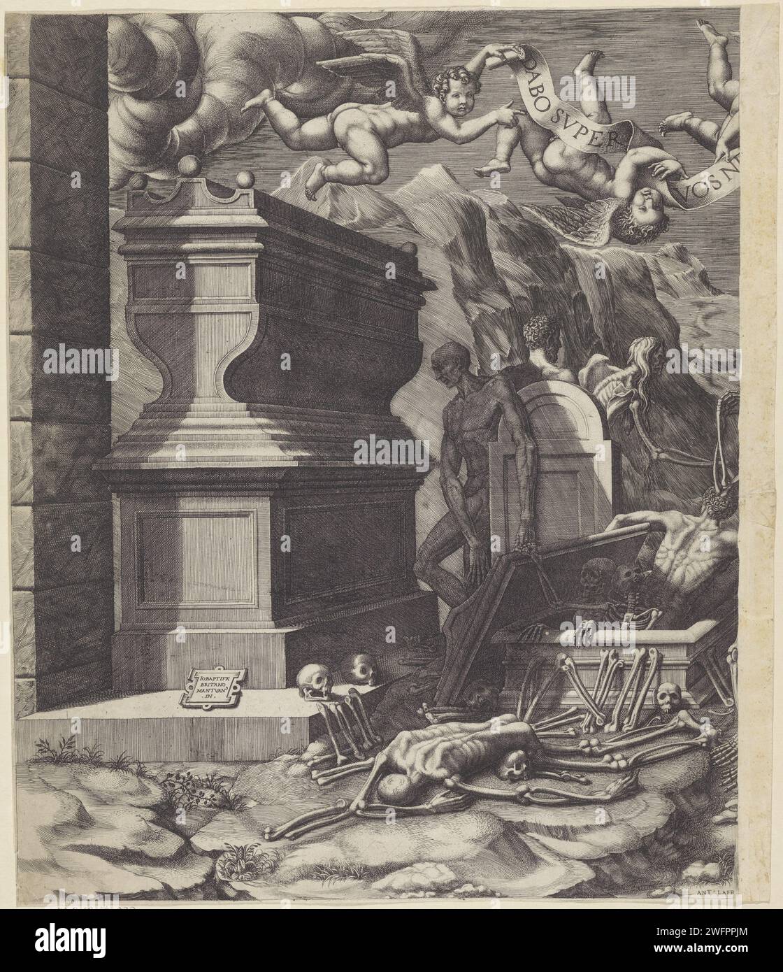 Visioen van Ezekiel sopra la valle delle ossa, metà sinistra, giorgio ghisi, dopo giovanni battista bertani, 1530 - 1582 stampa il profeta Ezechiele ha una visione della valle piena di ossa secche ricoperte di carne e che prendono vita. Diversi sarcofagi e lapidi si diffondono durante lo spettacolo. Al piano superiore cinque putti galleggianti insieme a un Baderon con il testo: Dabo Super Vos Ner Vos et Succrescere facia SUP Vos carne. Tipografia: Italyafter design by: Italypublisher: Rome paper Engraving Ezekiel Vision of the Valley of the dry Bones (Ezekiel 37:1-10) Foto Stock