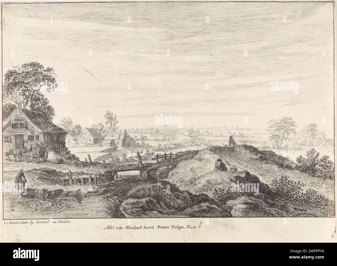 Paesaggio con fattorie, Pieter Nolpe, dopo Adriaen van Nieulandt (i), 1688 - 1727 stampa ci sono alcune fattorie in un paesaggio. Alla casa a sinistra si ferma una carrozza, i cui cavalli bevono. A sinistra un uomo tira fuori dall'acqua una rete da pesca da una barca. A destra c'è un uomo sulla diga. Stampa da una serie di paesaggi. Paesaggio di incisione/incisione su carta di Amsterdam con ponte, viadotto o acquedotto. fattoria (edificio). veicolo trainato da animali a quattro ruote, ad esempio cabina, carrozza, carrozza. angolazione (+ rete) Foto Stock