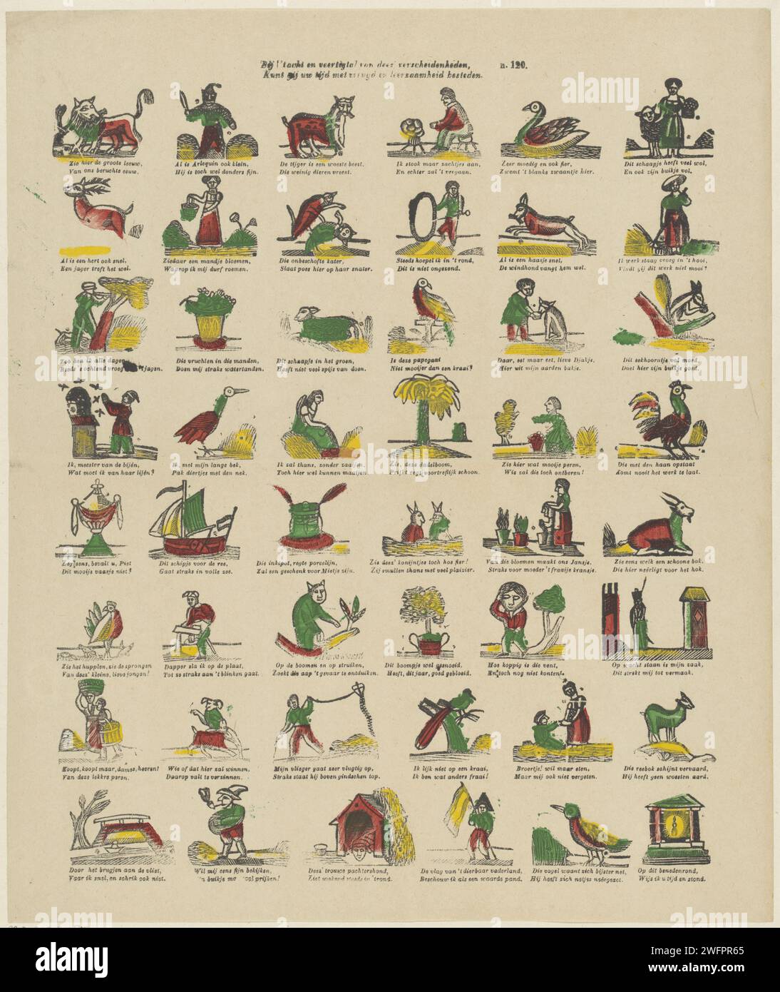 All'età di quarant'anni di diversioni di Deez, puoi trascorrere il tuo tempo con gioia e apprendimento, 1856 - 1900 fogli stampati con 48 rappresentazioni di figure, animali e oggetti. Sotto ogni immagine un verso bidirezionale. Numerato in alto a destra: n. 120. Caratteri per la stampa di carta Turnwood letterpress (tipi umani). animali. navi (in generale). (volare a) aquilone Foto Stock