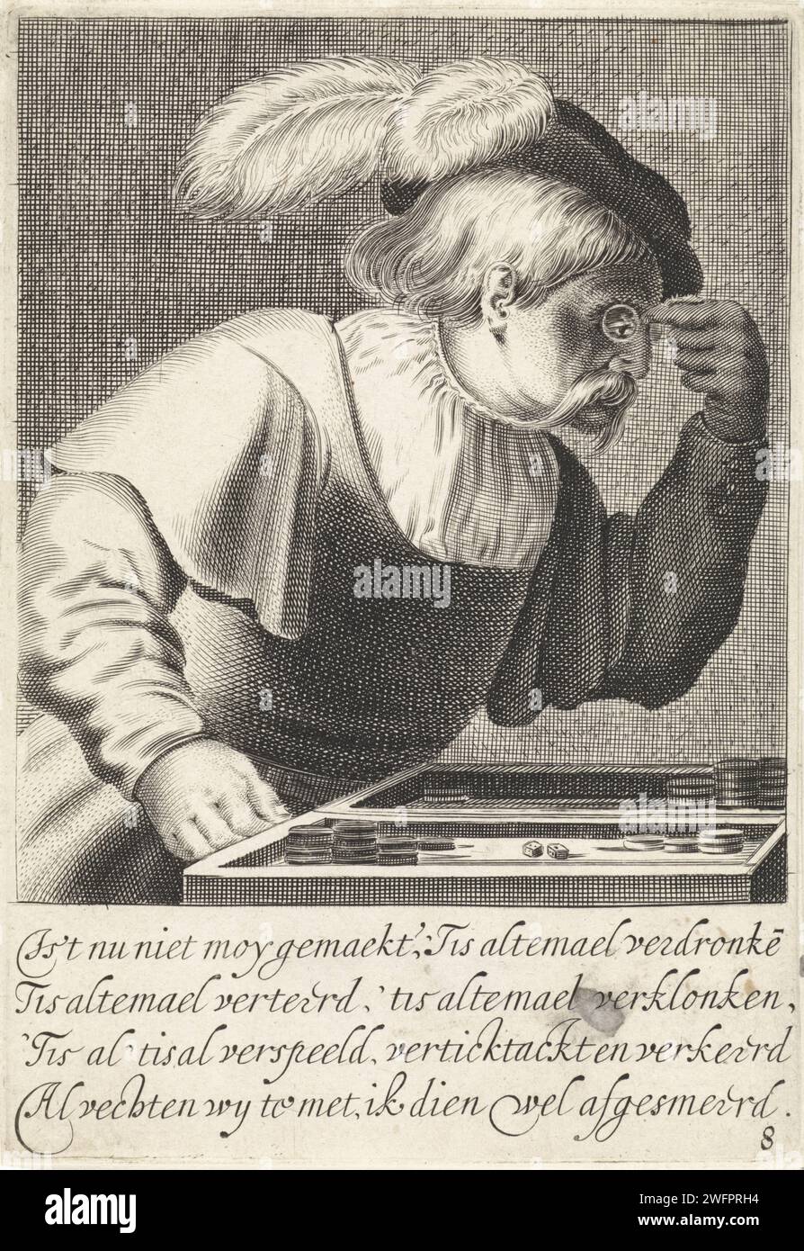 Perdendo Tric-Trac Player, Jan van de Velde (II), 1633 stampa Un uomo con gli occhiali piegati su un gioco difficile. Ottava stampa di una serie di diciotto. Incisione/incisione backgammon su carta Amsterdam, TRIC-trac. occhiali da vista, occhiali Foto Stock