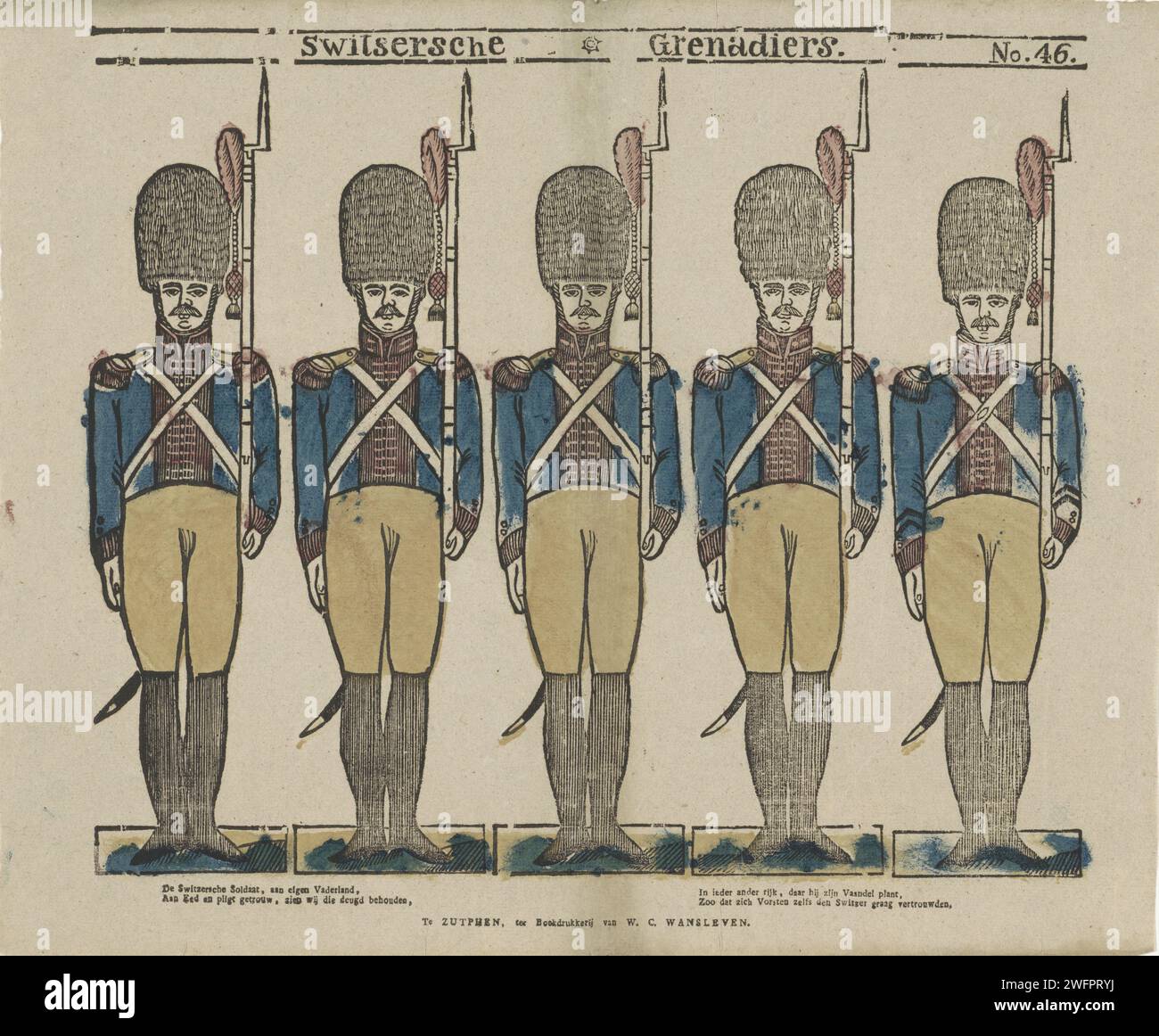 Switsersche Grenadiers, Willem Carl Wanleven, 1806 - 1858 fogli stampati con 5 esibizioni di soldati in piedi (Granatieri svizzeri). Figure da ritagliare, incollare sul cartone e rinforzare al piede con una bobina di legno per poter stare in piedi. In Mostra un verso a quattro linee in due colonne. Numerato in alto a destra: no 46. Editore: Zutphenprint Maker: Netherlands paper letterpress Printing the Soldier; the Soldier's Life Foto Stock