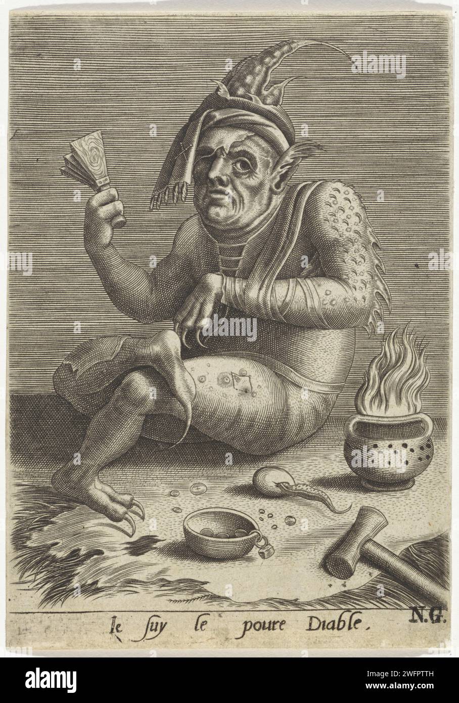 Lebbra Macker nella forma del diavolo, Anonimo, dopo Jheronimus Bosch, 1474 - 1566 stampa la lebbra è raffigurata con artigli come il diavolo. Ha i suoi attributi: Il Klepper, il pisolino con le monete, il personale del pellegrino e il tessuto con i segni del pellegrino di Santiago de Compostella. Per la figura, una vipera strisciata da un uovo (covata di adori) e accanto a lui un test di fuoco ardente. La sua pelle mostra un'eruzione cutanea squamosa con brufoli e ferite purulente. Il suo braccio sinistro poggia in un'imbracatura. Stampatore: Netherlandsafter design by: Den Bosch paper Engraving Beggar. lebbra. sonaglino di lebbroso. diavolo(i) e demone Foto Stock Lebbra Macker nella forma del diavolo, Anonimo, dopo Jheronimus Bosch, 1474 - 1566 stampa la lebbra è raffigurata con artigli come il diavolo. Ha i suoi attributi: Il Klepper, il pisolino con le monete, il personale del pellegrino e il tessuto con i segni del pellegrino di Santiago de Compostella. Per la figura, una vipera strisciata da un uovo (covata di adori) e accanto a lui un test di fuoco ardente. La sua pelle mostra un'eruzione cutanea squamosa con brufoli e ferite purulente. Il suo braccio sinistro poggia in un'imbracatura. Stampatore: Netherlandsafter design by: Den Bosch paper Engraving Beggar. lebbra. sonaglino di lebbroso. diavolo(i) e demone Foto Stock