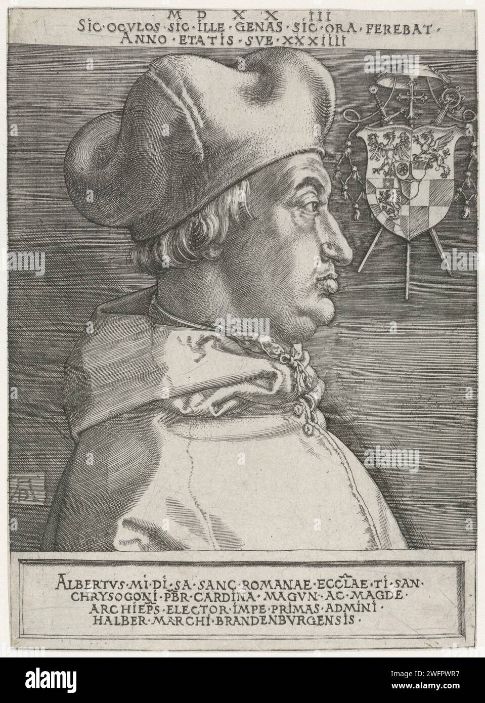 Ritratto del cardinale Albert van Brandenburg all'età di 34 anni, Albrecht Dürer, 1523 stampa Ritratto (busto) del cardinale Alberto (Albrecht) van Brandenburg, cofano a forma di calotto sulla testa, vestito con il cardinale Mantel. In alto a destra del suo stemma con cappello cardinale. In margine in basso ci sono i nomi e i titoli in latino. In margine in alto un'iscrizione, la designazione dell'età del ritratto e della datazione in latino. Supporto araldico per incisione su carta Norimberga. persone storiche. cardinale. Copricapo (COFANO) (+ abiti da uomo) Foto Stock