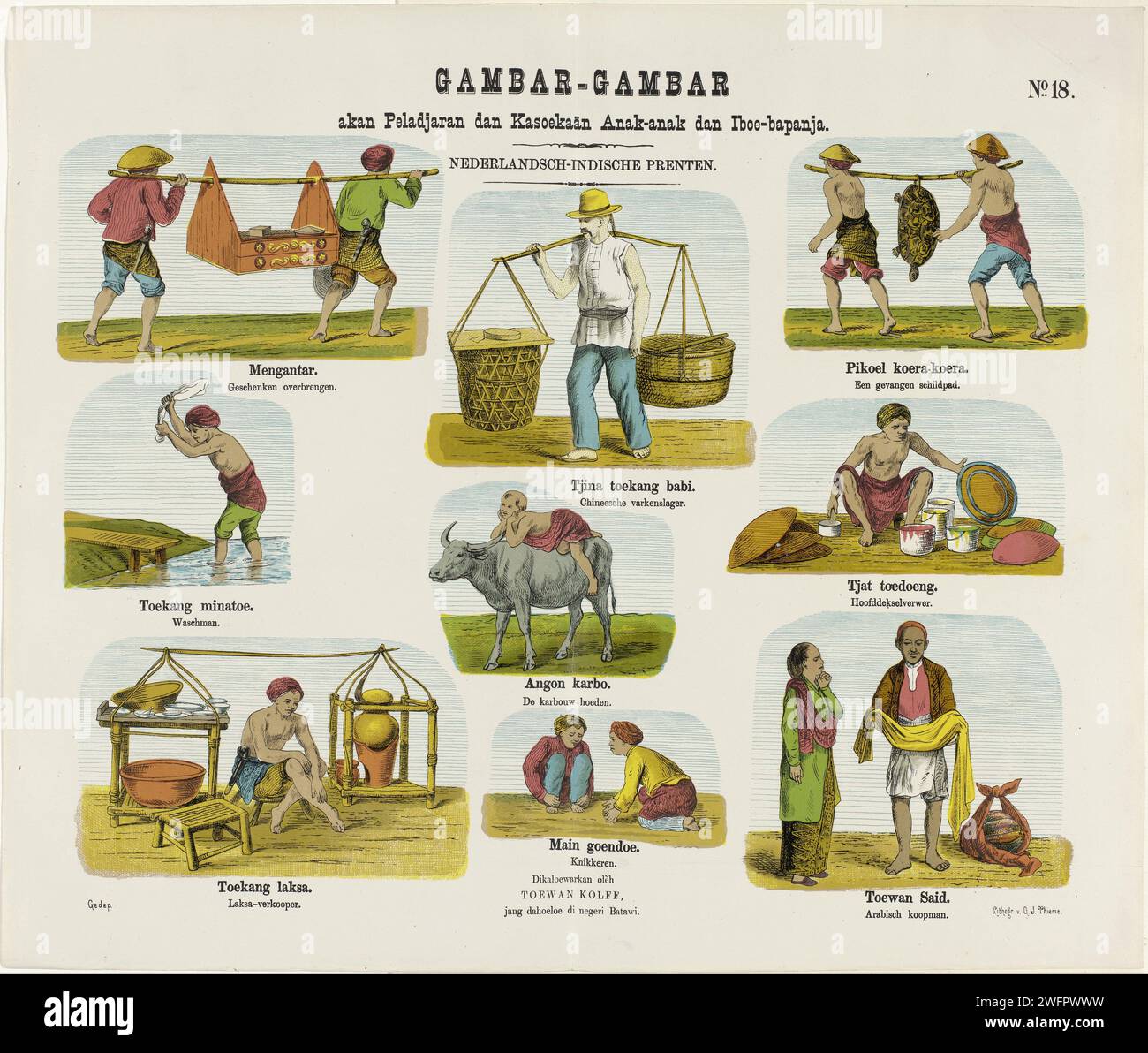 Professioni, Gualtherus Kolff, dopo Jonkheer Josias Cornelis Rappard, 1868 - 1881 stampa Foglia con nove spettacoli di professioni nell'ex colonia delle Indie orientali olandesi, tra cui macellaio, corno di bufalo e copricapo. Sotto ogni immagine una didascalia in lingua malese e olandese. Numerato in alto a destra: N. 18. Editore: Leidenprinter: Arnhemafter disegno di: Carta olandese razza asiatica e popoli. commerciante, venditore. macellaio, macellaio. Commerciante di strada delle Indie Orientali olandesi, il Foto Stock