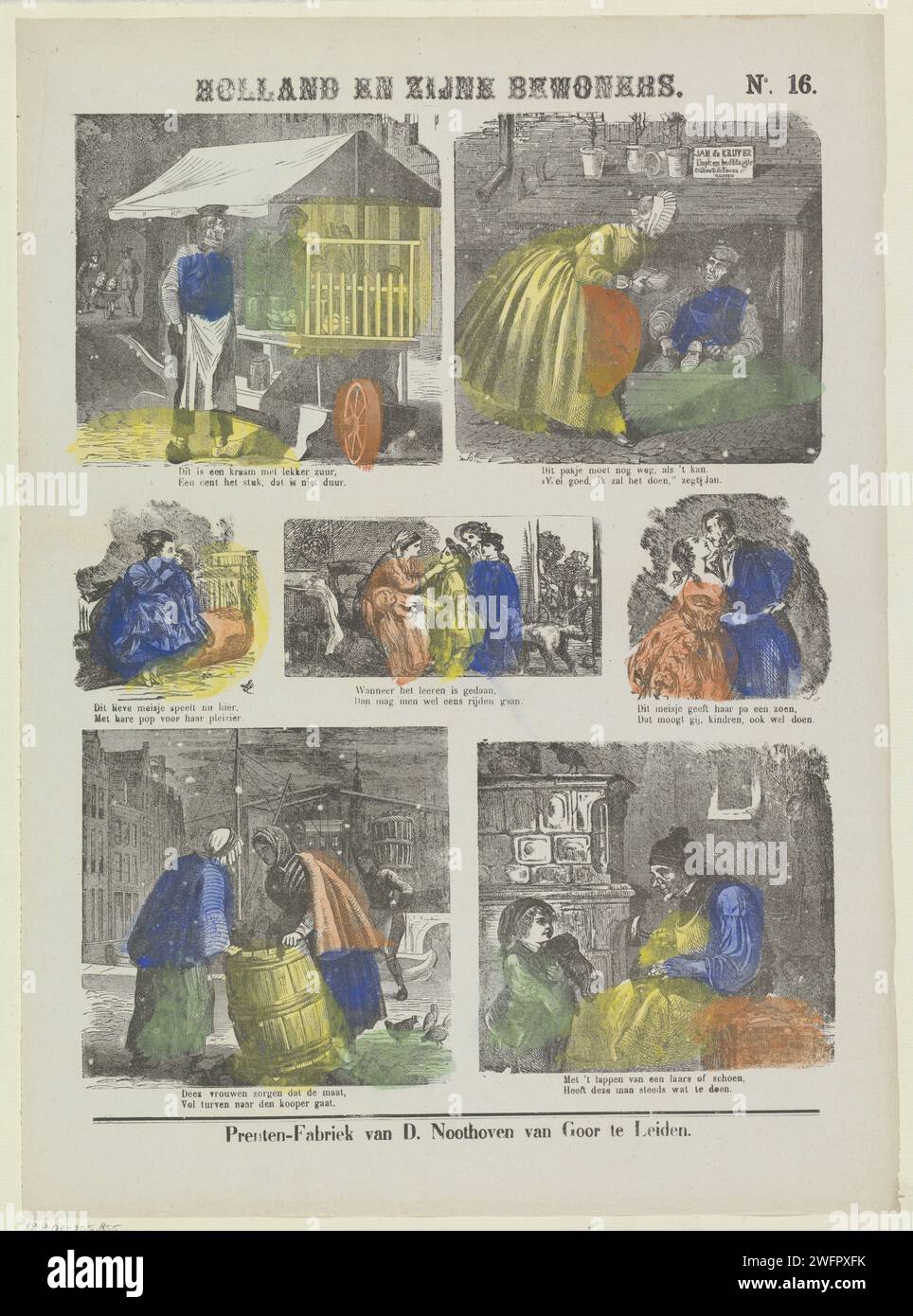 Holland e i suoi residenti, 1850 - 1881 stampa Leaf con 7 spettacoli di diverse figure e attività. Sotto ogni performance un verso a due vie. Numerato in alto a destra: N. 16. Carta da lettera Leiden per stampa di tipi umani. commerciante di strada. commerciante, venditore. (giocare con) bambole. padre con figli e figlie (padre-amore). calzolaio, ciabattino Foto Stock