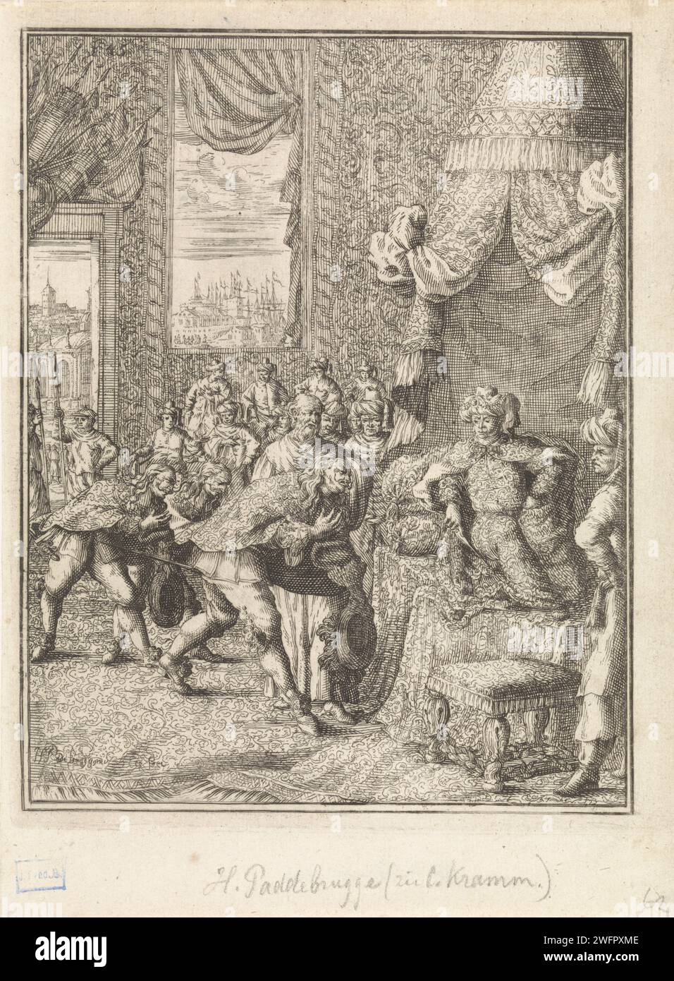 Vasco da Gama in udienza al Re di Calcutta, Herman Padtbrugge, 1676 stampa Vasco da Gama e il suo entourage piega per il re di Calcutta. Il re è disteso su un trono sotto un baldacchino. Sullo sfondo faccia a Calcutta. Incisione/incisione di persone storiche su carta di Amsterdam. Audizione; sovrano che dà al pubblico il Portogallo. Kolkata Foto Stock