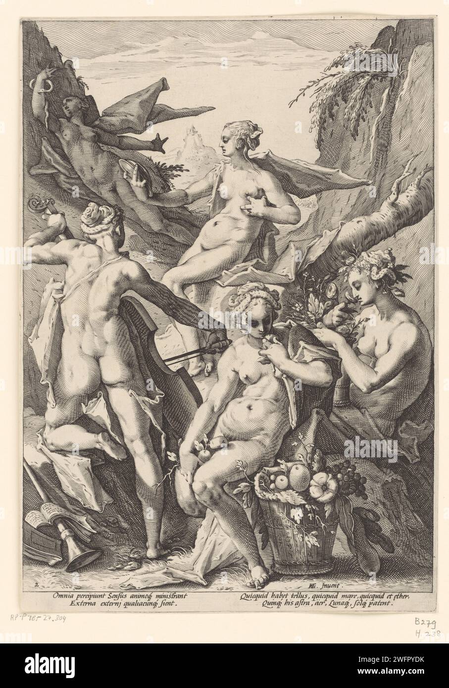 I cinque sensi, Jacob Matham (attribuito a), dopo Hendrick Goltzius, nel 1588 stampano i cinque sensi personalizzati gusto (gustus), udito (audit), odore (odore), viso (visione) e sensazione (tactus). A sinistra in primo piano, visto sul retro, si sente, suona su uno strumento a corda. Inoltre, in primo piano, nel mezzo c'è il gusto, accanto a un cestino con frutta e un frutto in bocca. A destra c'è l'odore, l'odore dei fiori. Sullo sfondo, al centro, c'è il volto, con uno specchio in mano. A sinistra sullo sfondo, la sensazione è morsa da un serpente. Carta Haarlem che incide i (cinque) sensi Foto Stock