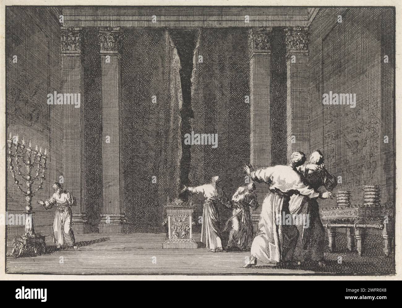 Cracking the velo in the Temple of Jerusalem, Jan Luyken, 1703 Print Maker: Haarlem Editore: Amsterdam paper etching the rendering of the velo of the Temple  Christ's death Foto Stock