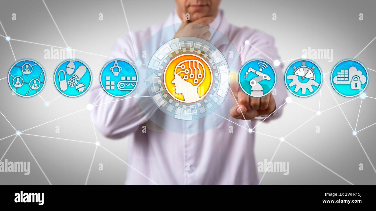Medico maschile penoso e irriconoscibile della scienza che avvia l'intelligenza artificiale nell'app per la produzione di farmaci. Concetto per Internet of Things industriale, IIoT, intelligenza artificiale orientata Foto Stock