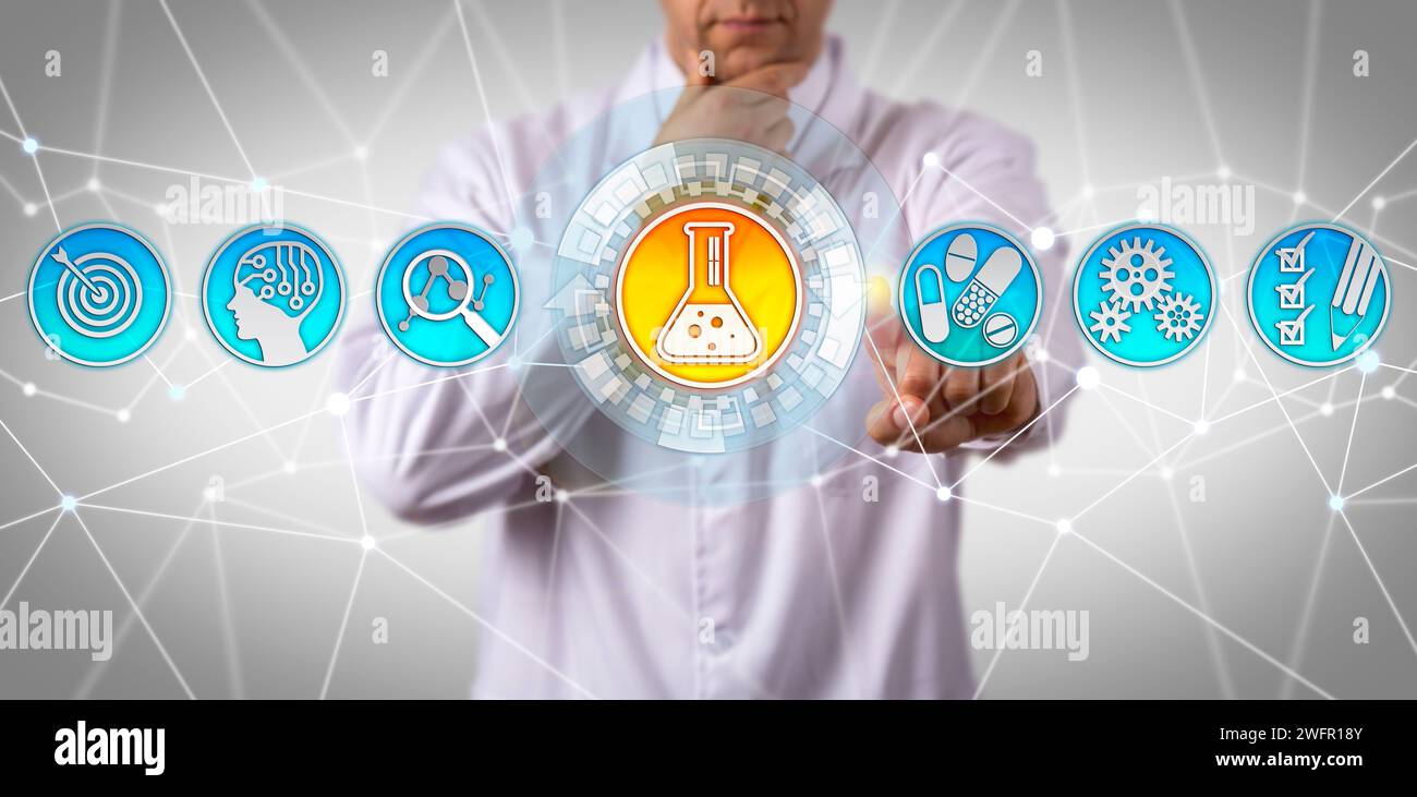 Medico pensivo di ingegneria chimica aiutato dall'intelligenza artificiale a riflettere su come identificare una sostanza con un effetto terapeutico desiderabile. Concetto per la scoperta di farmaci Foto Stock