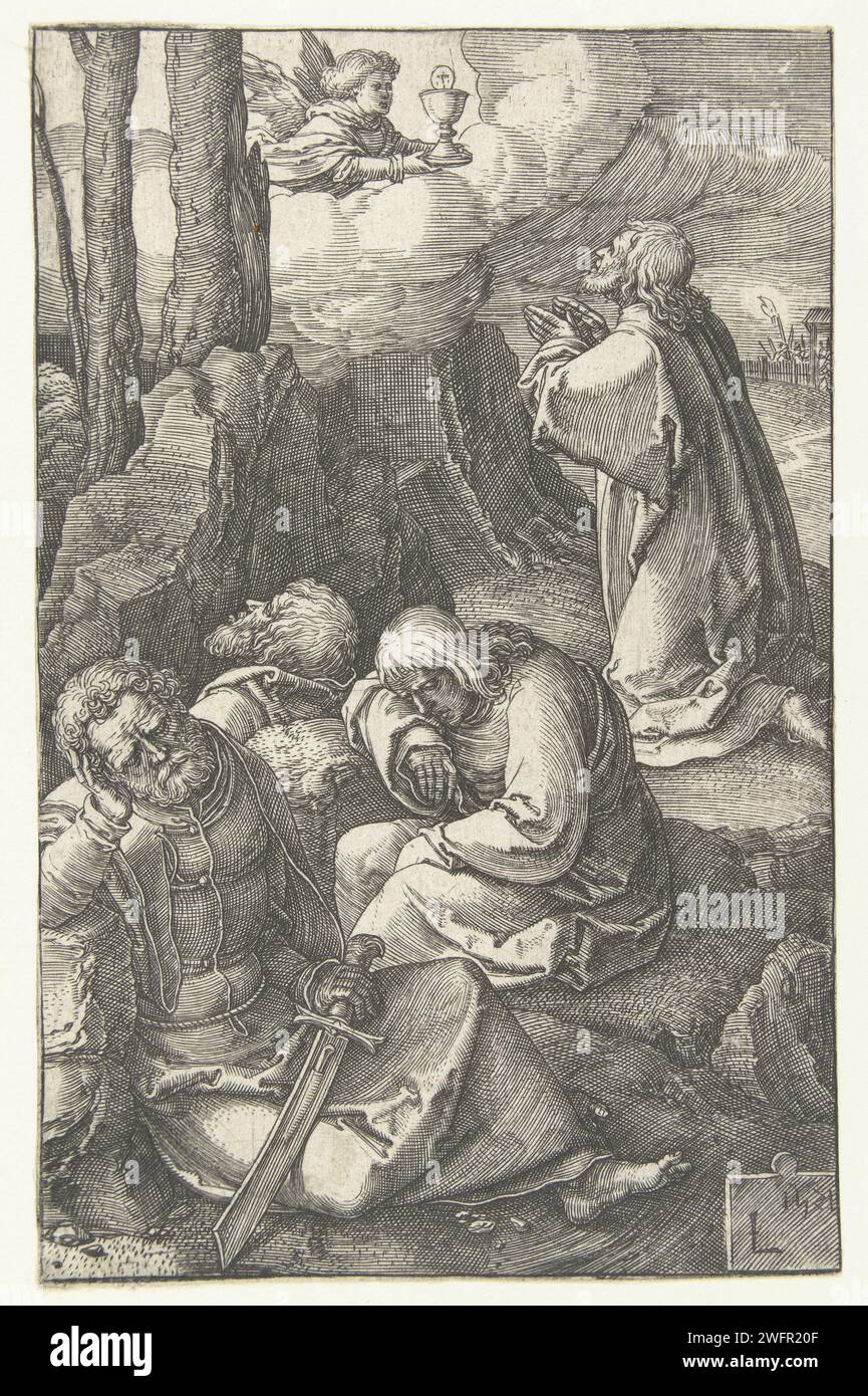 Cristo in the Hof van Getsemane, Lucas van Leyden, 1521 stampa tre apostoli che dormono, Cristo che prega sulla montagna. Angelo con un calice nel cielo. Paesi bassi carta incisione agonia di Cristo; tre (o undici) apostoli dormono Foto Stock