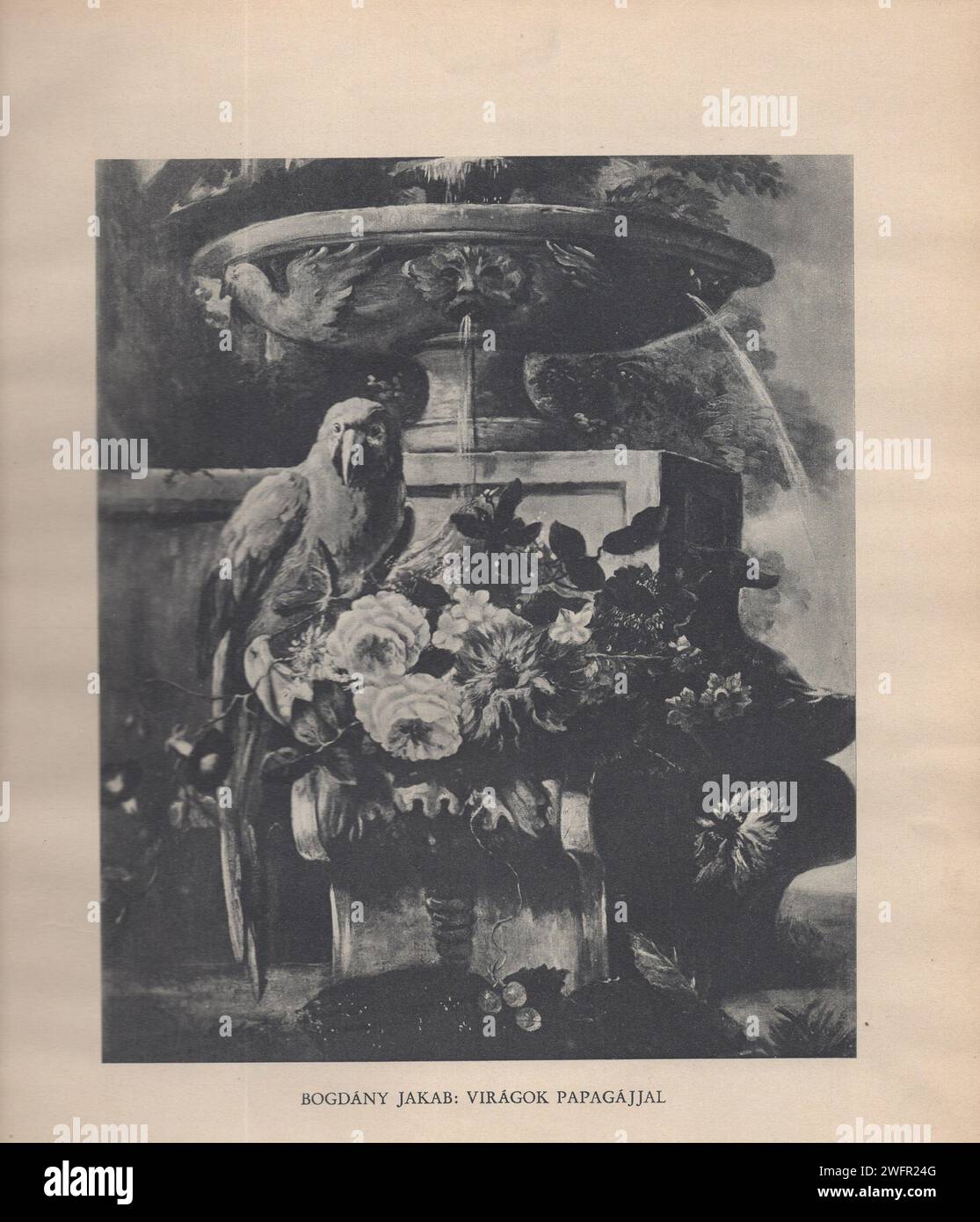 Petrovics Elek. Magyar mesterművek. Budapest, 1936. Pesti Napló. Athenaeum Irodalmi és Nyomdai RT. / Capolavori ungheresi / pittori ungheresi / arte ungherese / magyar festők / magyar képzőművészek : virágok papagájjal Jakab : Bogdány / Jacob Bogdany pittore ungherese : fiori con pappagallo Foto Stock
