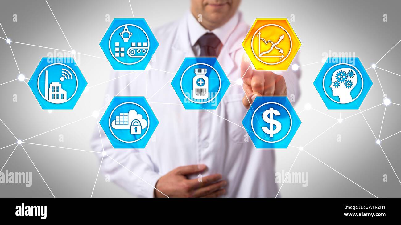 Scienziato farmaceutico irriconoscibile che tocca l'icona virtuale del diagramma di pareggio. Concetto di investimento iniziale, requisito di serializzazione, pr verso il basso Foto Stock
