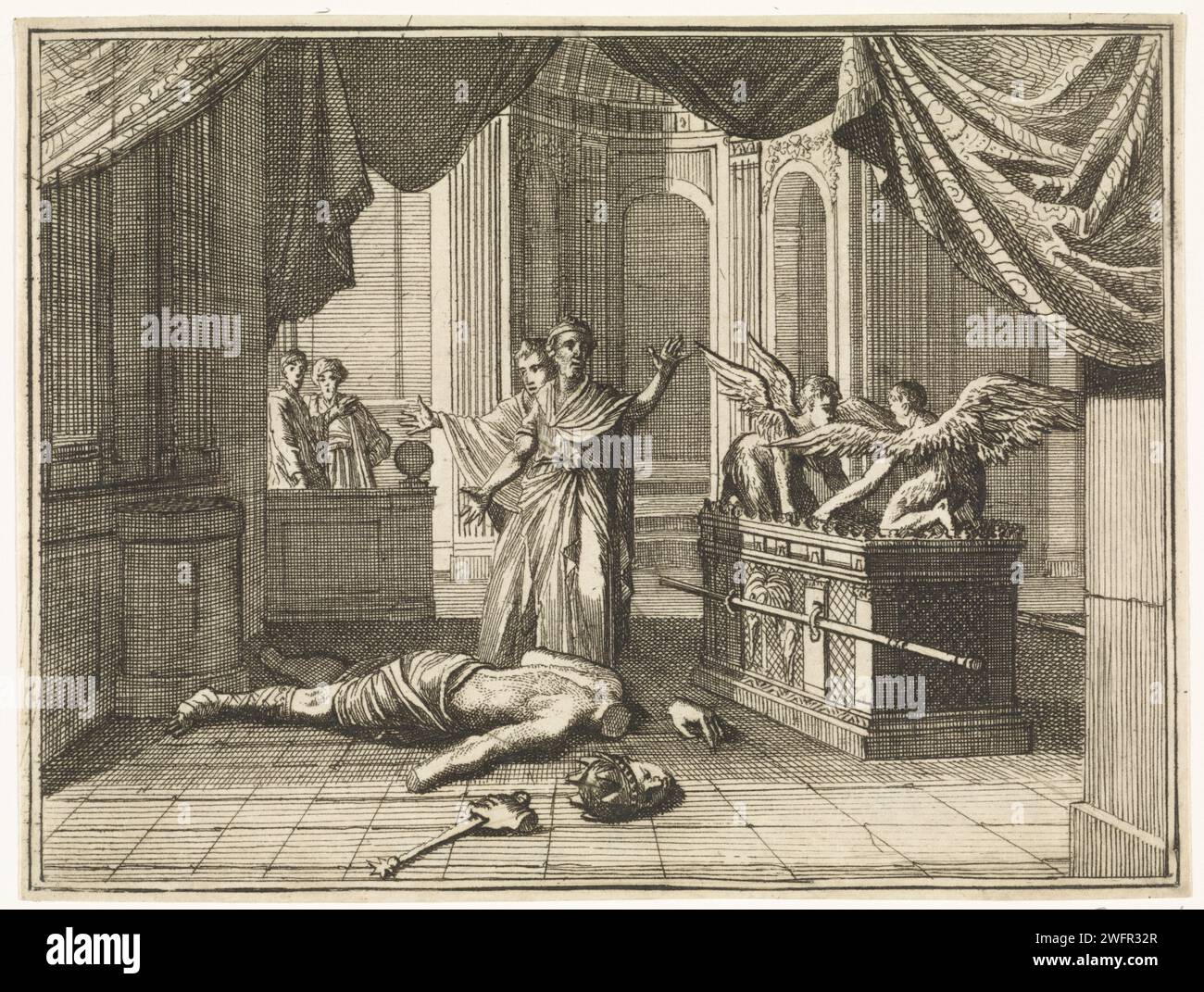 Ark des covenant nel tempio di Dagon, Caspar Luyken, stampa del 1712 della carta di Amsterdam che incide sulla statua di Dagon ad Ashdod Foto Stock