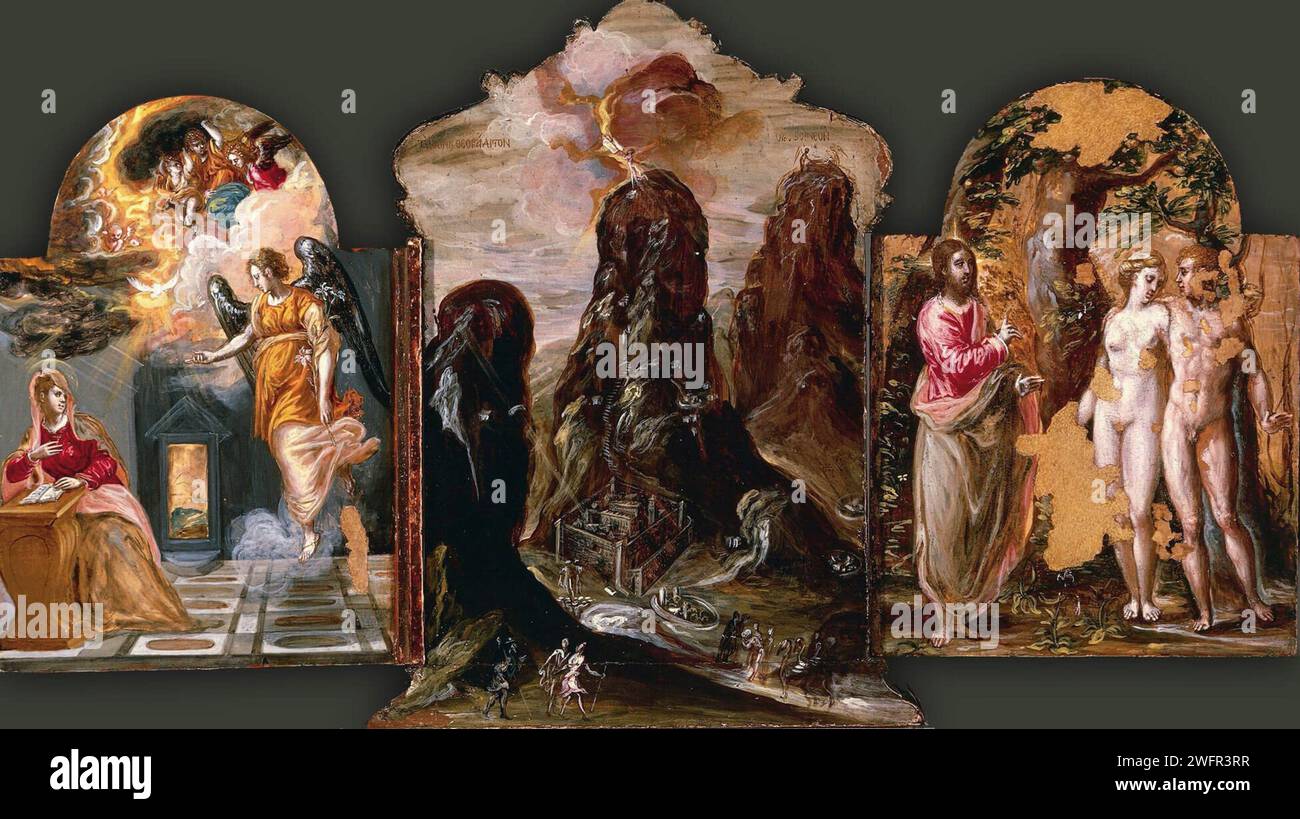 El Greco - Trittico di Modena - Annunciazione, visione del Monte Sinai, Adamo ed Eva 1568. 24x18, 37x24, 24x18 Foto Stock