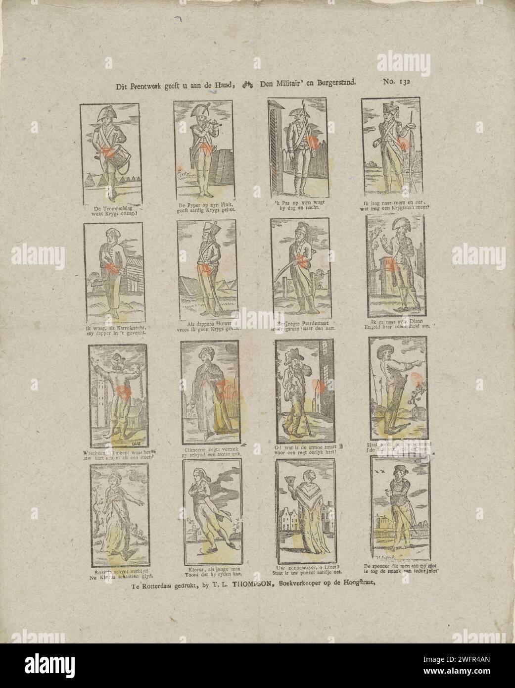 Questo lavoro di stampa ti dà alla mano, / den Military 'e Burgerstand, Hermanus van Leekbeek, 1825 - 1838 fogli stampati con 16 esibizioni di soldati e altre figure. Sotto ogni immagine un verso bidirezionale. Numerato in alto a destra: N. 132. Caratteri di stampa per carta Rotterdam letterpress (tipi umani). il soldato, la vita del soldato. banda militare Foto Stock