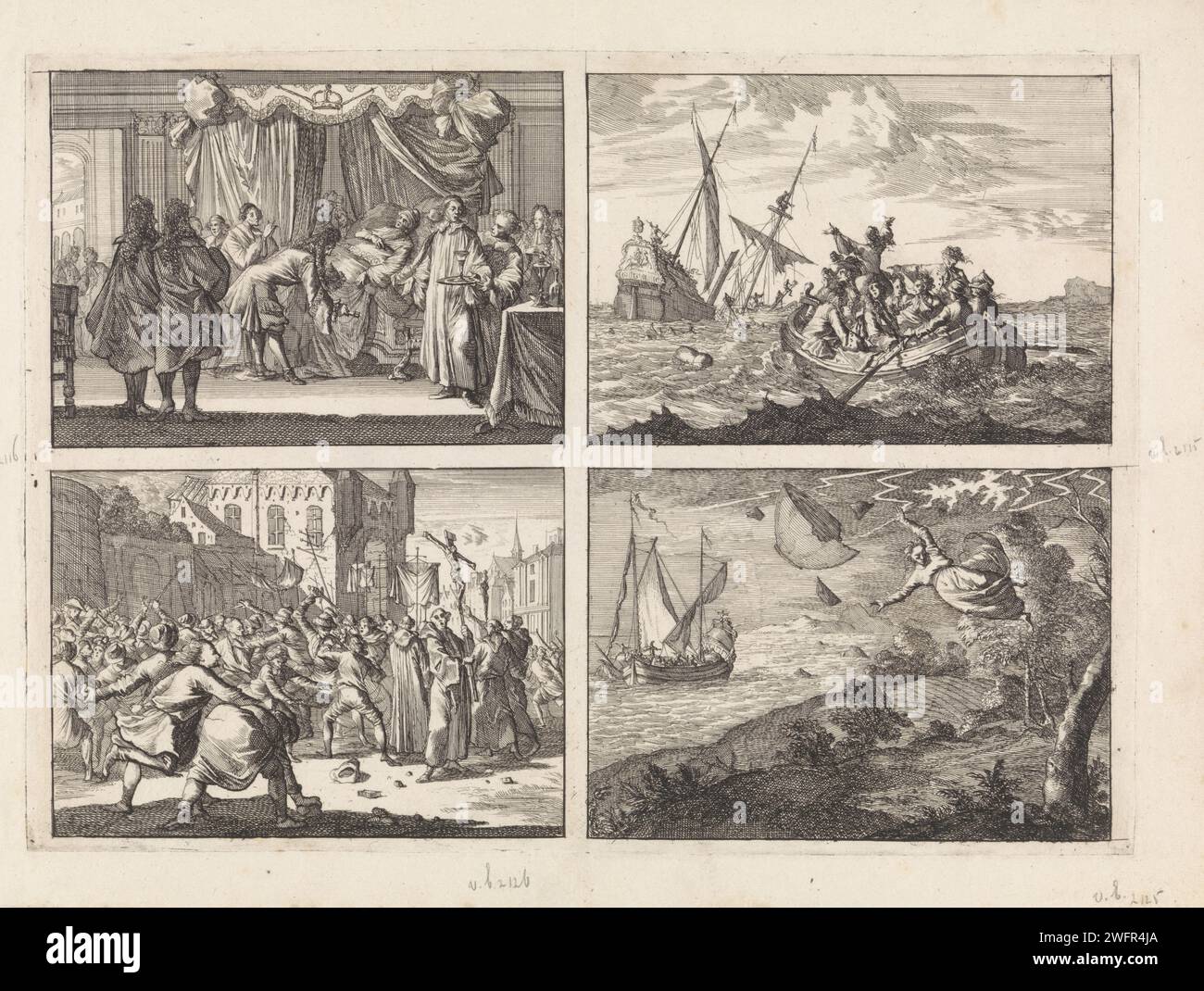 Letto di morte di re Carlo II d'Inghilterra, 1685 / Shipbreed from the Duke of York on the way to Edinburg, 1683 / a Danzica una processione con lanci di pietra da parte del popolo, 1678 / vento pesante sulla costa di Malmö, 1679, Caspar Luyken, 1698 stampa foglia senza taglio con quattro stampe. Letto di morte per incisione di carta Amsterdam. naufragio. Processione  religione cristiana. scontri di strada, rivolte. Tempesta sulla terra Malmö. Danzig Foto Stock