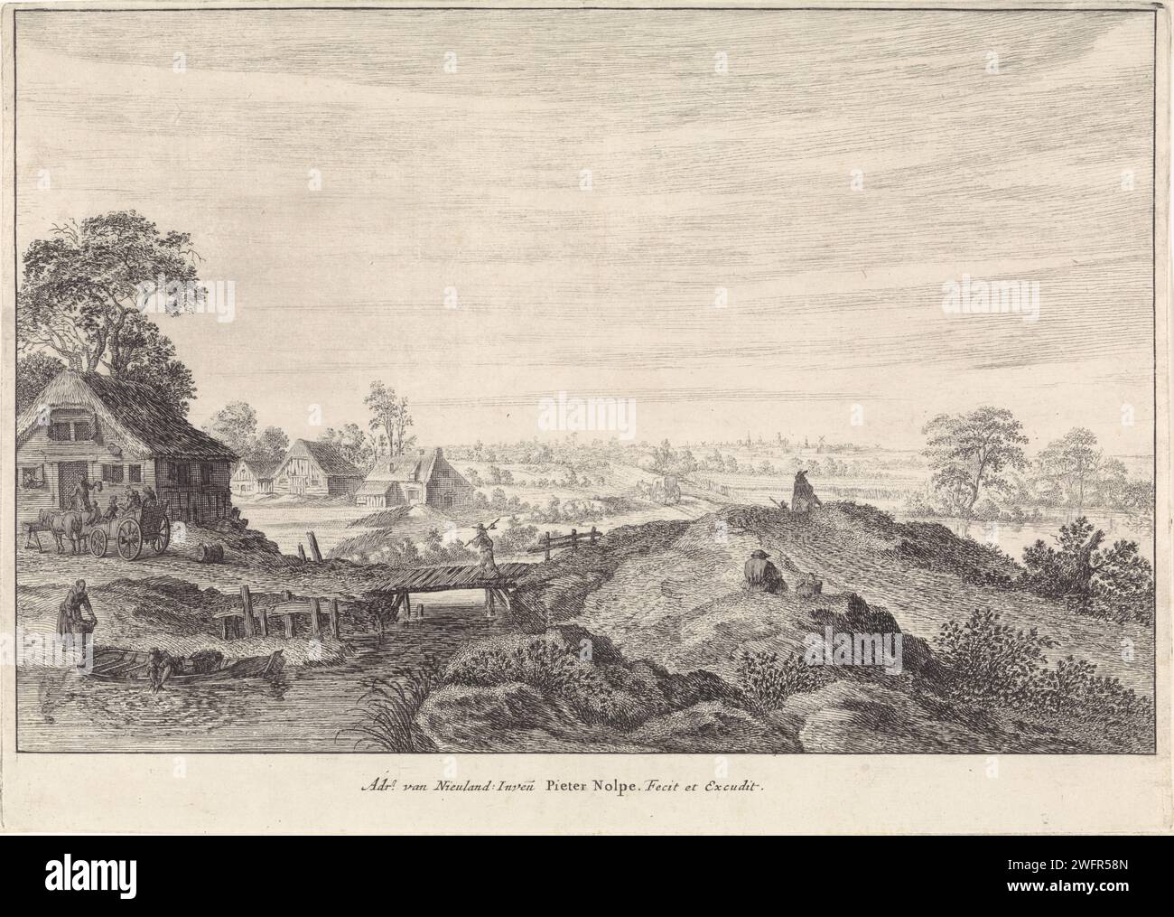 Paesaggio con fattorie, Pieter Nolpe, dopo Adriaen van Nieulandt (i), 1623 - 1653 stampa ci sono alcune fattorie in un paesaggio. Alla casa a sinistra si ferma una carrozza, i cui cavalli bevono. A sinistra un uomo tira fuori dall'acqua una rete da pesca da una barca. A destra c'è un uomo sulla diga. Stampa da una serie di paesaggi. Paesaggio di incisione/incisione su carta di Amsterdam con ponte, viadotto o acquedotto. fattoria (edificio). veicolo trainato da animali a quattro ruote, ad esempio cabina, carrozza, carrozza. angolazione (+ rete) Foto Stock