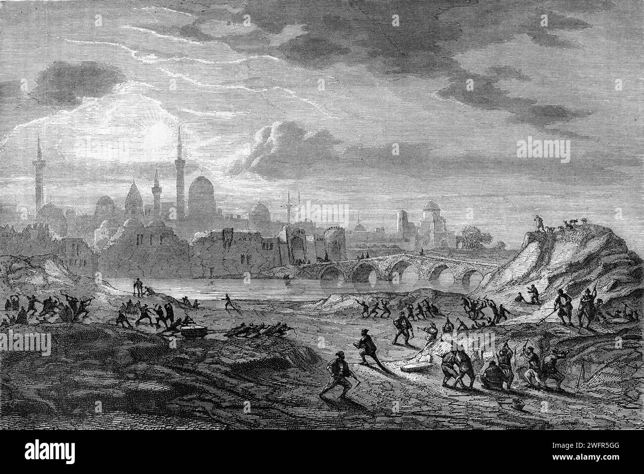 Vista anticipata della città di Mosul, Ninive, Iraq, e del Ponte ad arco o Ponte Vecchio sul fiume Tigri. Incisione vintage o storica o illustrazione 1863 Foto Stock