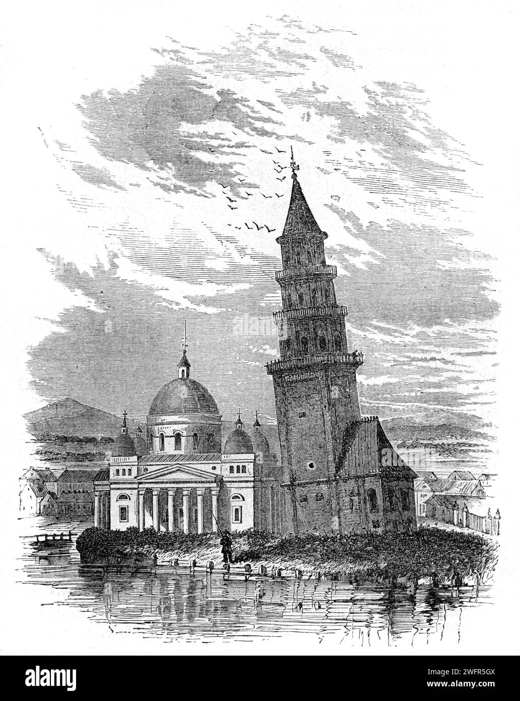 Torre pendente di Nevyansk (18th) con (a sinistra) la Chiesa dei vecchi credenti, sulle rive del fiume Neyva, Oblast' di Sverdlovsk Russia. Incisione d'epoca o storica o illustrazione 1863 Foto Stock