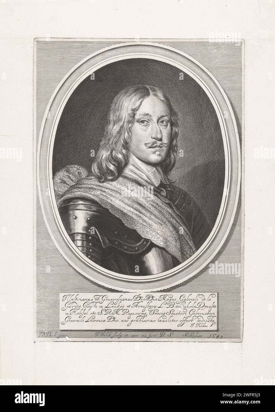 Il porto Van Magnus Gabriel de la Gardie, Jeremias Falck, in onore di David Beck, 1649 stampa BostePortret del conte svedese Magnus Gabriel de la Gardie. Visualizzato in Harnas, in cornice ovale con didascalia in latino. Incisione su carta di Stoccolma Foto Stock