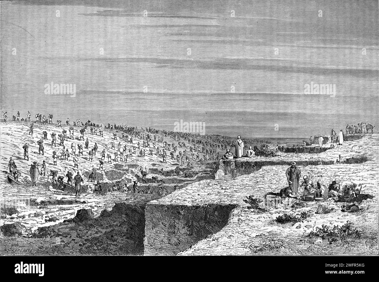 Costruzione del Canale di Suez in Egitto. Incisione d'epoca o storica o illustrazione 1863 Foto Stock