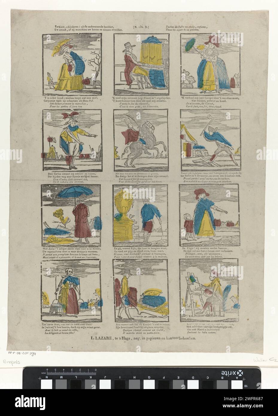 Preferisco, o bambini! Dalle immagini qui sotto, / il tuo gusto, se potrebbero colpire la tua scelta e frasi / tachez de fair un choix, enfants, / dance les sujets de ce présent, 1800 - 1833 fogli stampati con 12 spettacoli di diverse figure e attività. Sotto ogni immagine un verso bidirezionale in olandese e in francese. Numerato in alto a destra: (N. 174. B.). The Haguepublisher: Stampa di carta letterpress caratteri (tipi umani) Foto Stock