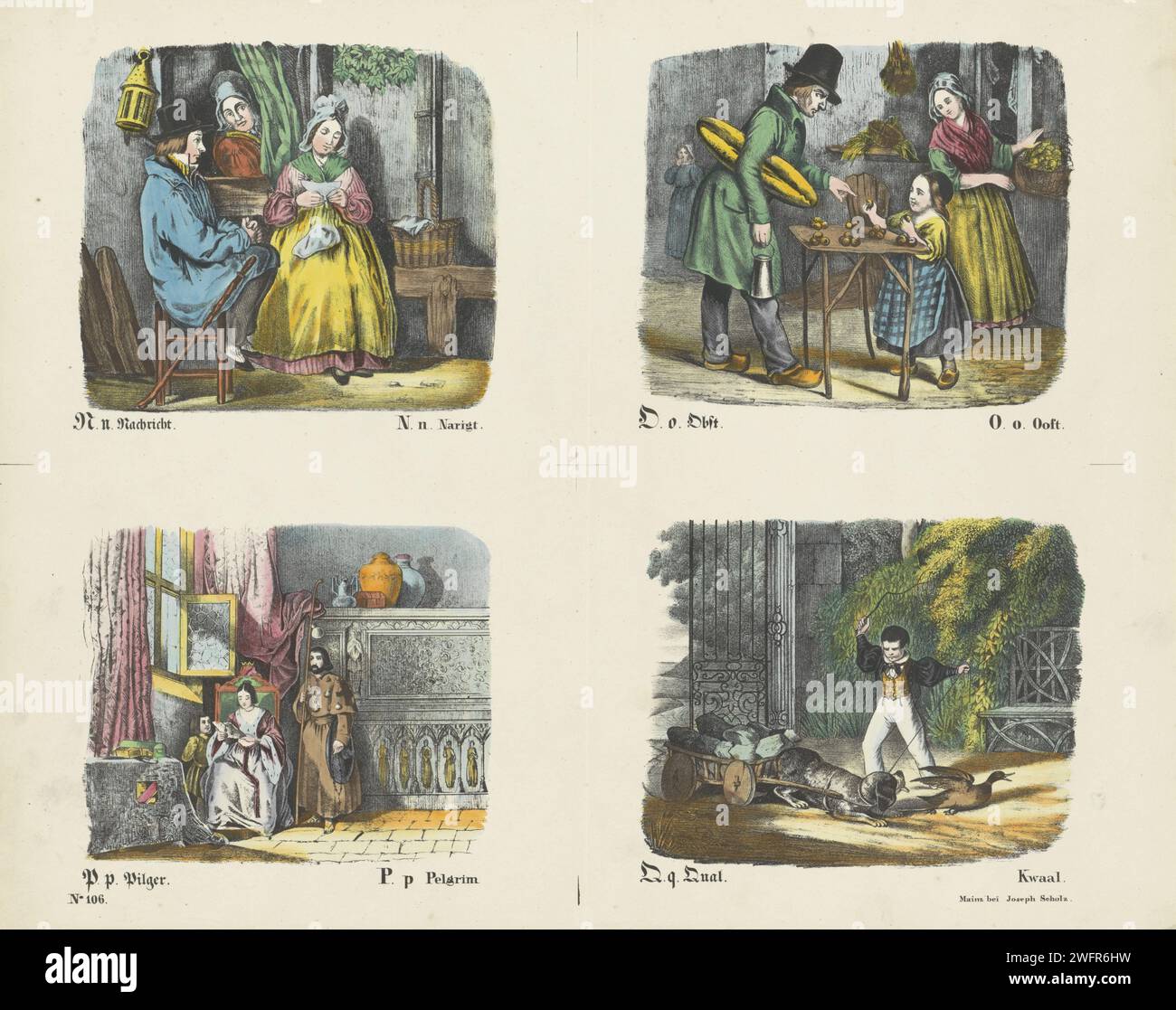 Lettere n, o, P en q, firma Joseph Scholz, 1829 - 1880 stampa Foglia con 4 spettacoli da ritagliare e legare insieme per prenotare sull'alfabeto. Immagini delle lettere N (Nijigt), o (OOFT), P (Pelgrim) e Q (qual = disturbo). Sotto ogni immagine una didascalia in tedesco e in olandese. Numerato in basso a sinistra: N. 106. Editore: Mainzprint Maker: Europa lettere cartacee, alfabeto, script Foto Stock