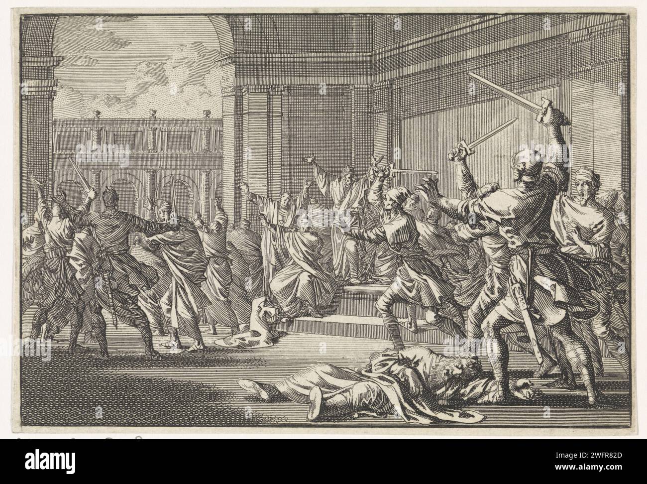 Corri e combatti nel tempio di Gerusalemme, Jan Luyken, 1704 stampa Amsterdam carta incisione battaglia. Il Tempio (in generale)  religione ebraica Gerusalemme Foto Stock