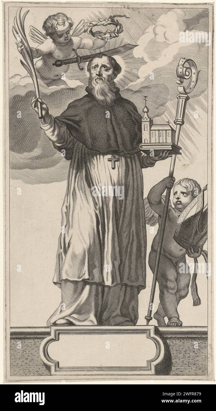 H. Thomas Becket, Theodor Matham, dopo Abraham van Diepenbeeck, 1615 - 1676 stampa Saint Thomas Becket, con una spada nel cranio. Nella sua mano la Cattedrale di Canterbury. Un angelo vicino a lui tiene Bishopmijter e il suo staff. In aria un angelo con una corona di alloro. Stampa da una serie di otto stampe con santi. Incisione di carta del martire Thomas Becket, arcivescovo di Canterbury; possibili attributi: (Rosso) Chasuble, spada nel cranio. insegne di vescovo, ad esempio mitra, crozier. incoronare con laurel Foto Stock