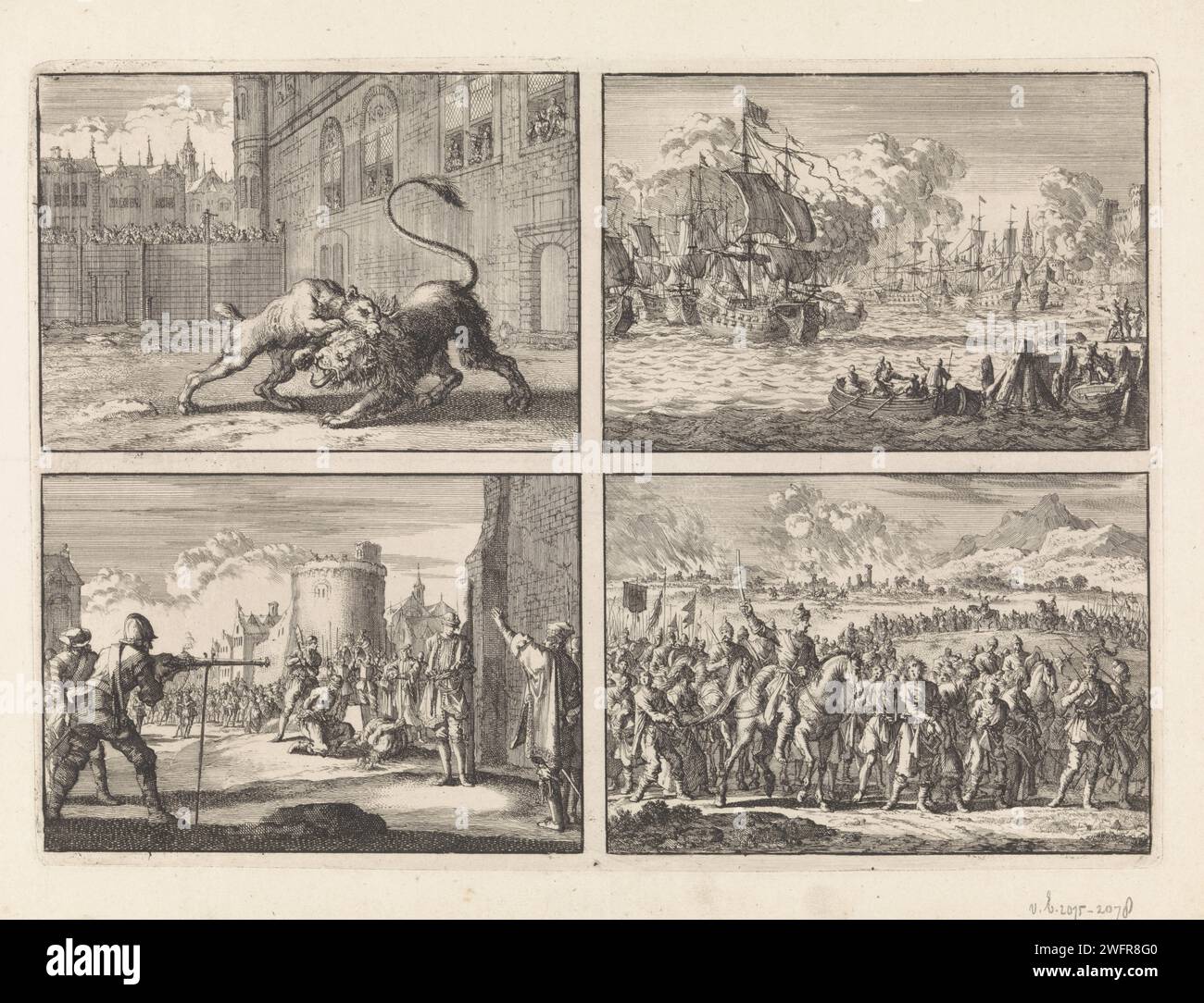 Lotta a Londra tra un cane e un giovane leone, 1664 / nel porto di Bergen, Norwegian Bergen, navi mercantili olandesi sono attaccate dagli inglesi, 1665 / a Jönköping, il barone Gustav Skyte viene abbattuto con un autobus a gancio, le sue bussole vengono decapitate, 1663 / Inval der Tartaren in Polonia, 1666, Jan Luyken, 1698 stampa Foglia Uncuted con quattro stampe. Cane da incisione di carta di Amsterdam. bestie prede, animali predatori: leone. mammiferi tormentanti  sport e attività ricreative. harbor. battaglia (+ forza navale). armi da fuoco. pena di morte, esecuzione. Occupazione - guerra Londra. Bergen. Jönköping. Polonia Foto Stock
